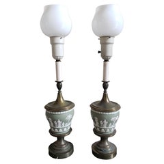 Green Turquoise Wedgewood Jasperware and Brass Torchiere Table Lamps, a Pair