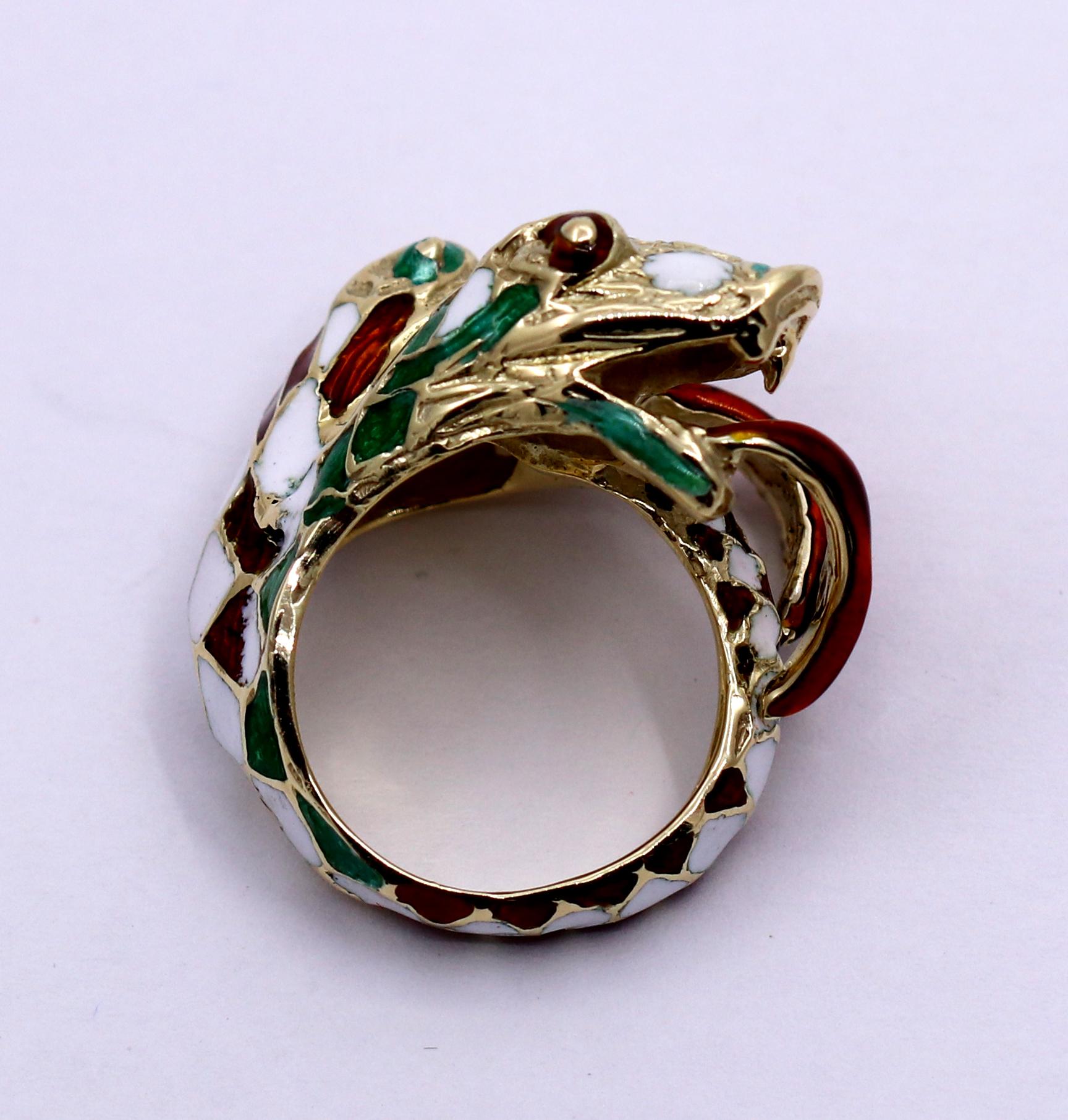 Green White and Red Harlequin Pattern Enameled Double Headed Snake Ring 1