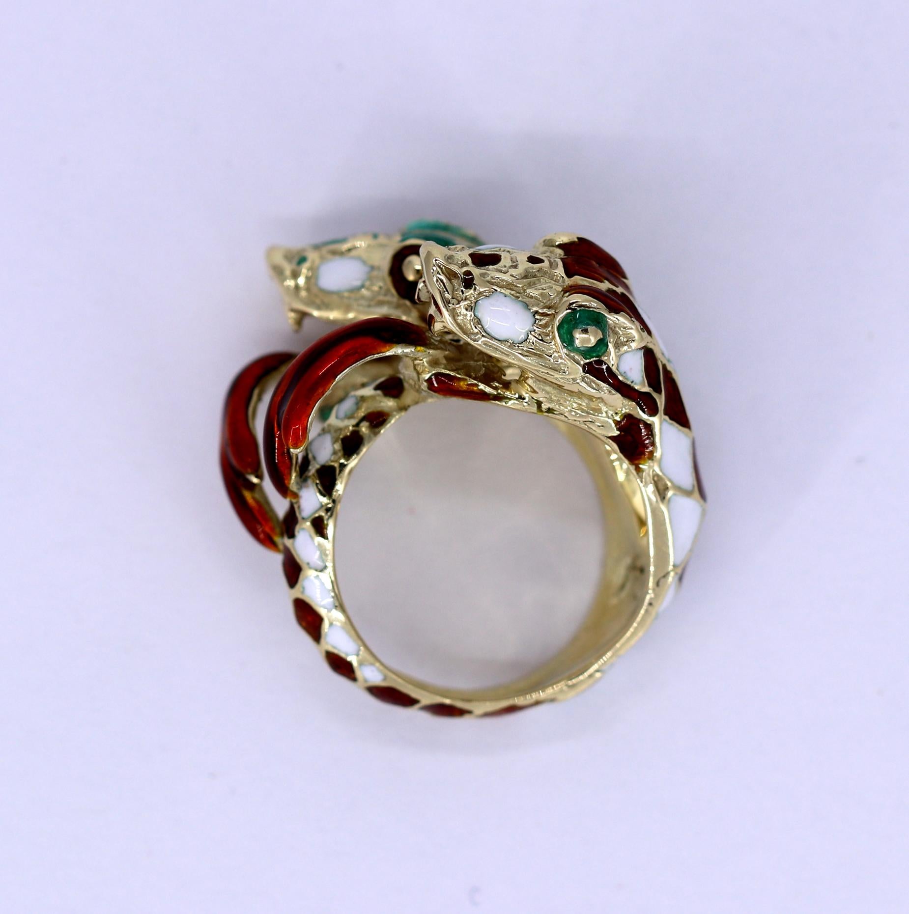 Green White and Red Harlequin Pattern Enameled Double Headed Snake Ring 2