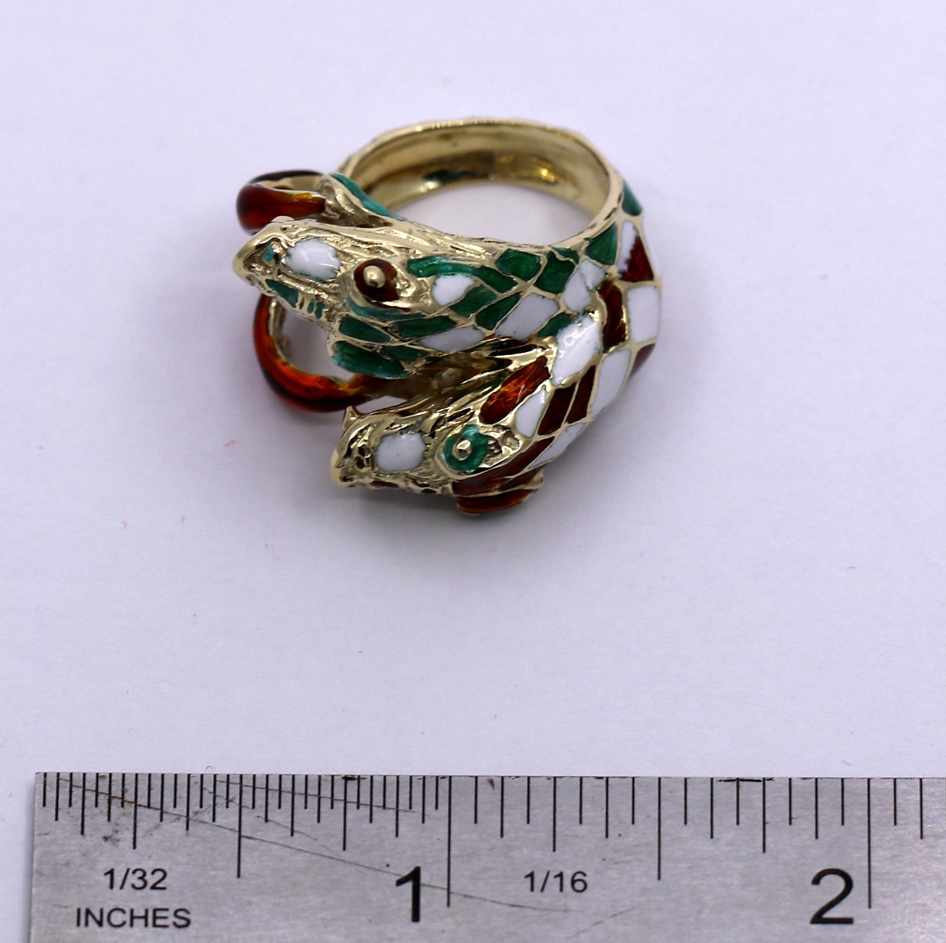 Green White and Red Harlequin Pattern Enameled Double Headed Snake Ring 3