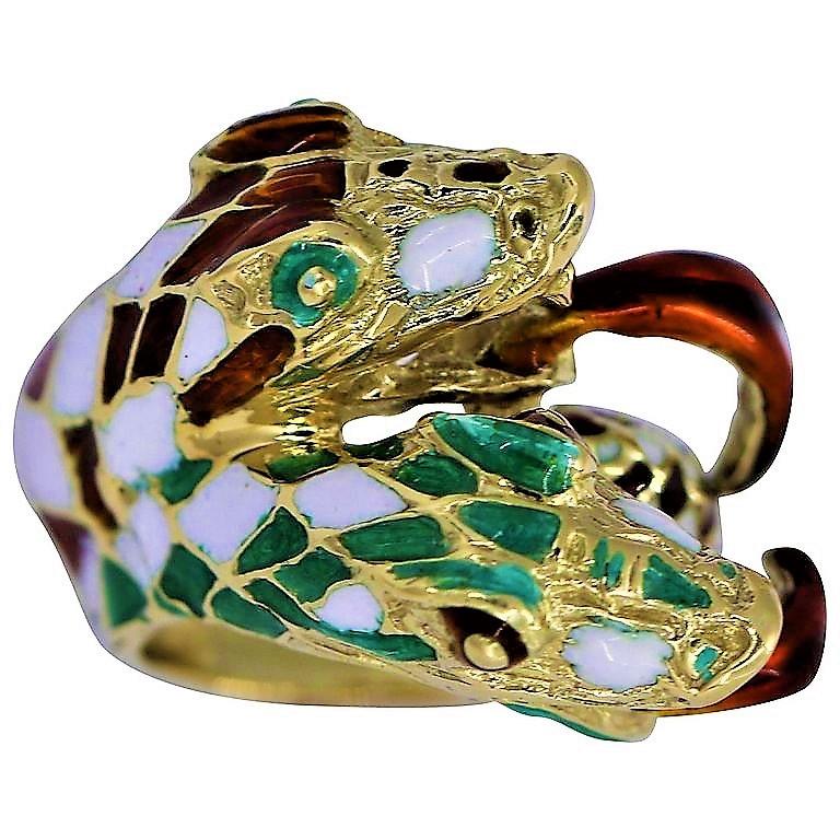 Green White and Red Harlequin Pattern Enameled Double Headed Snake Ring