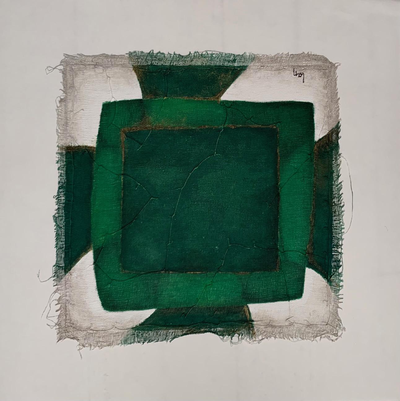Contemporary Belgian artist Diane Petry creates her own three layer canvas using pima cotton, gauze and fine paper.
Colors are shades of green with white and black.
Raw edges and applied threads add texture and dimension to the acrylic