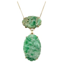 Green & White Carved Jade Stone Necklace in 14K Yellow Gold 