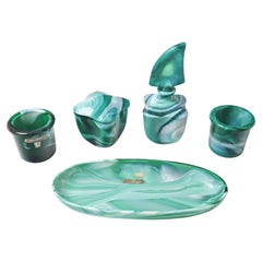 Grün-weißes Frisiertisch-Set aus mundgeblasenem Glas