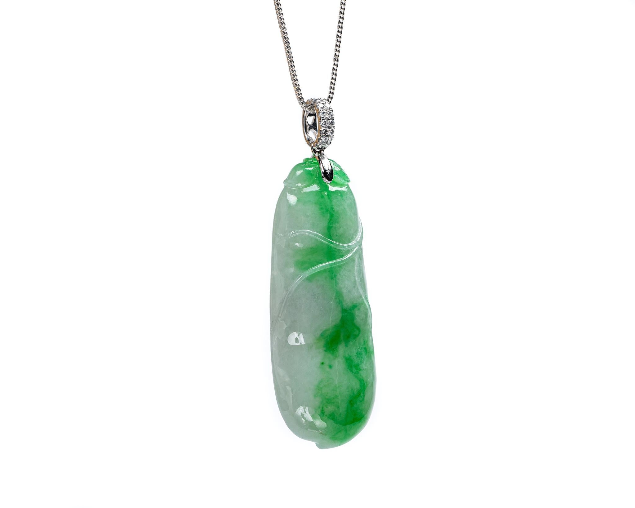Contemporary Green/White Jadeite Jade Peapod and Diamond Pendant, Certified Untreated For Sale