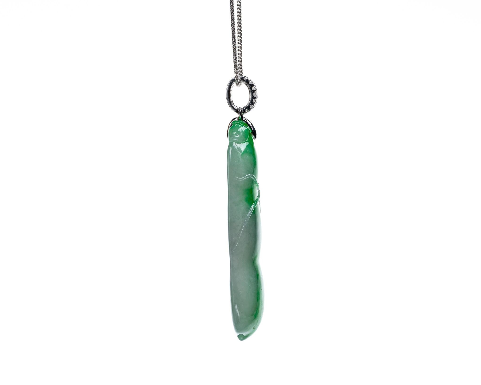 Rough Cut Green/White Jadeite Jade Peapod and Diamond Pendant, Certified Untreated For Sale