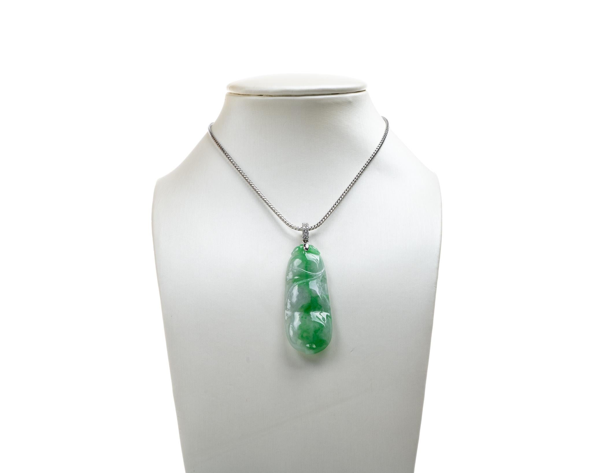 Women's or Men's Green/White Jadeite Jade Peapod and Diamond Pendant, Certified Untreated For Sale