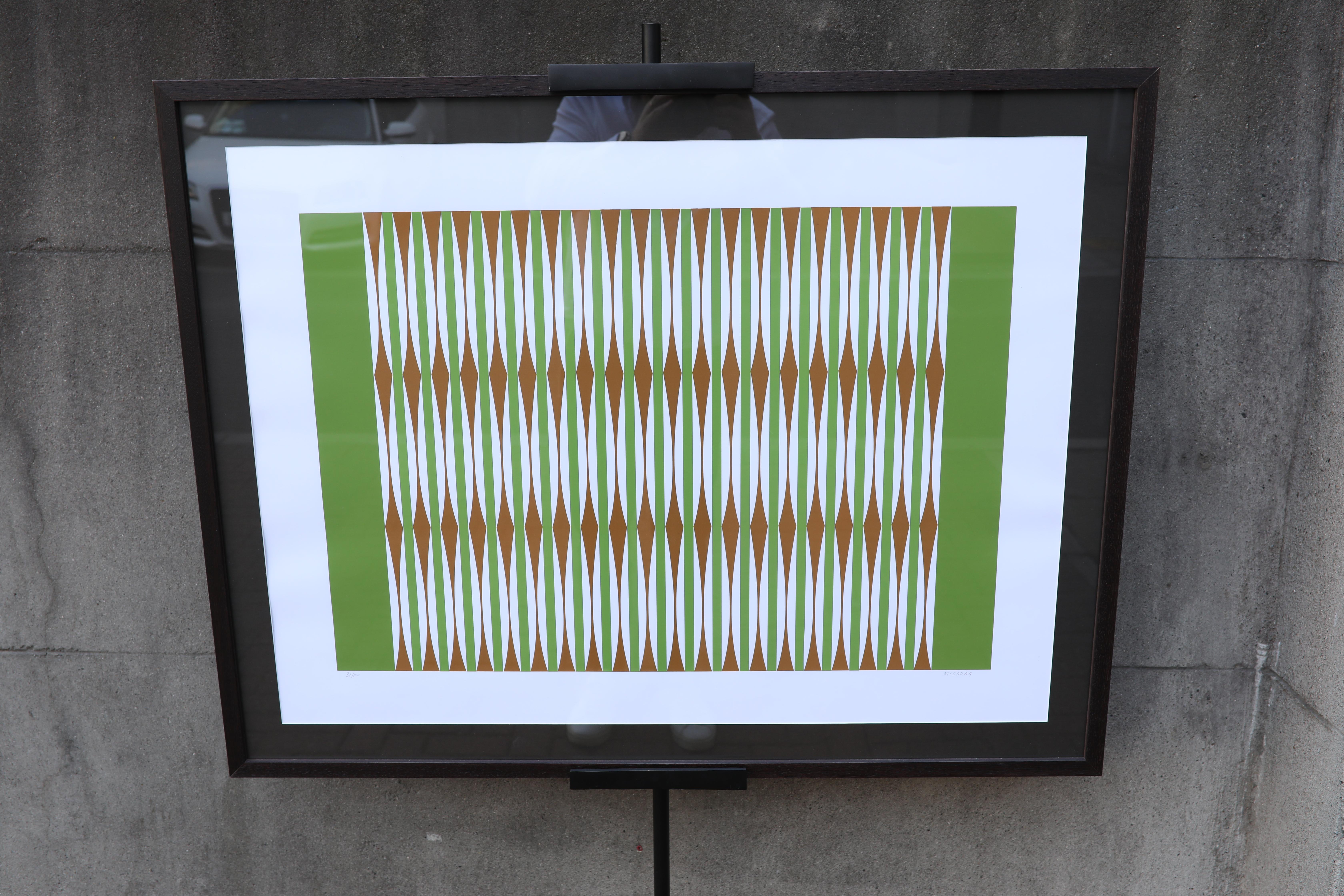 Dieser auffällige Original-Siebdruck von Miodrag Dordevic, der in einer limitierten Auflage von 100 Exemplaren erschienen ist, fängt die Essenz der Op-Art der 1970er Jahre ein. Das vom Künstler signierte und nummerierte Werk verkörpert Dordevics