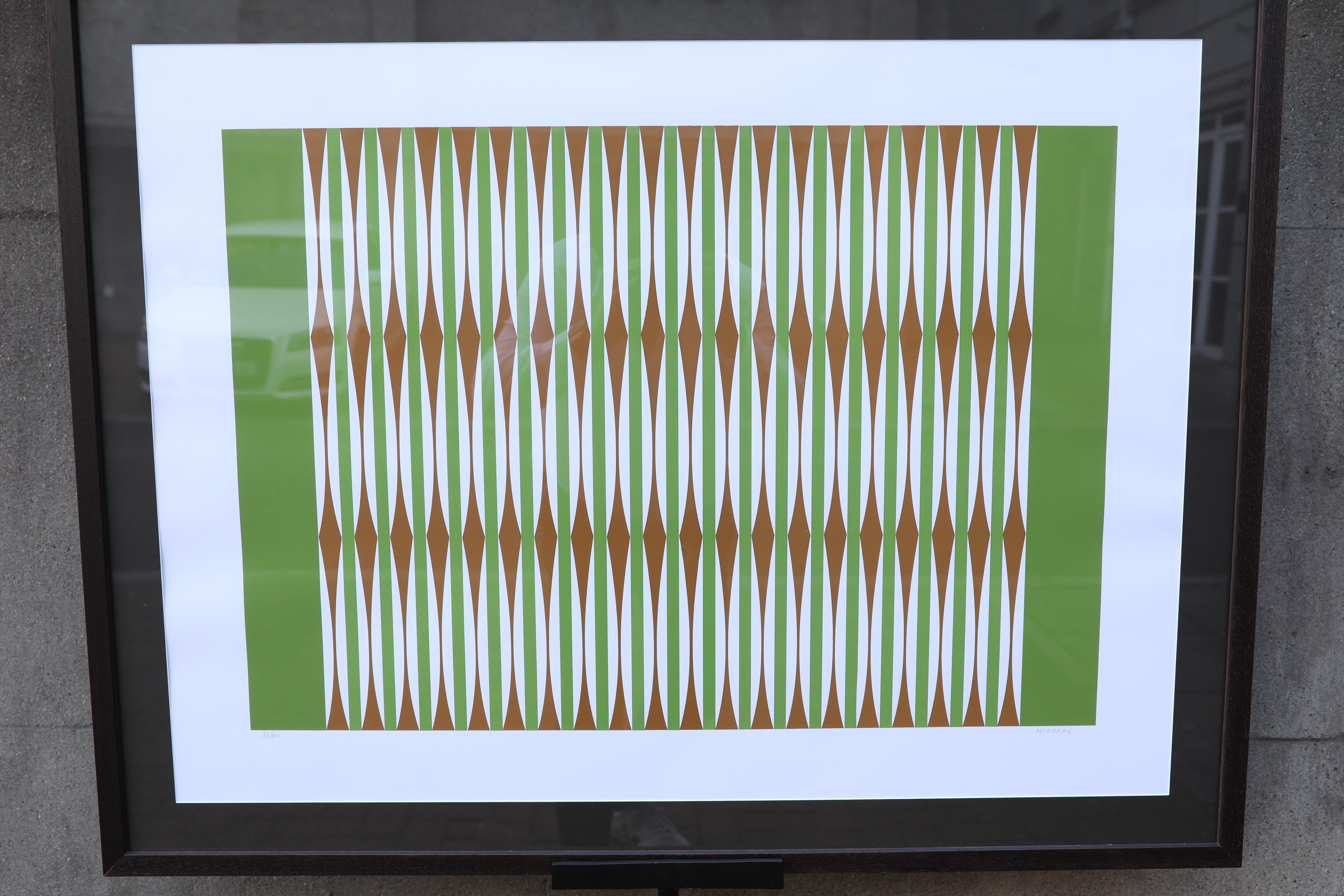 Grüner und weißer Op-Art-Bildschirmdruck des serbischen Künstlers Miodrag Dordevic um 1970 (Moderne der Mitte des Jahrhunderts) im Angebot