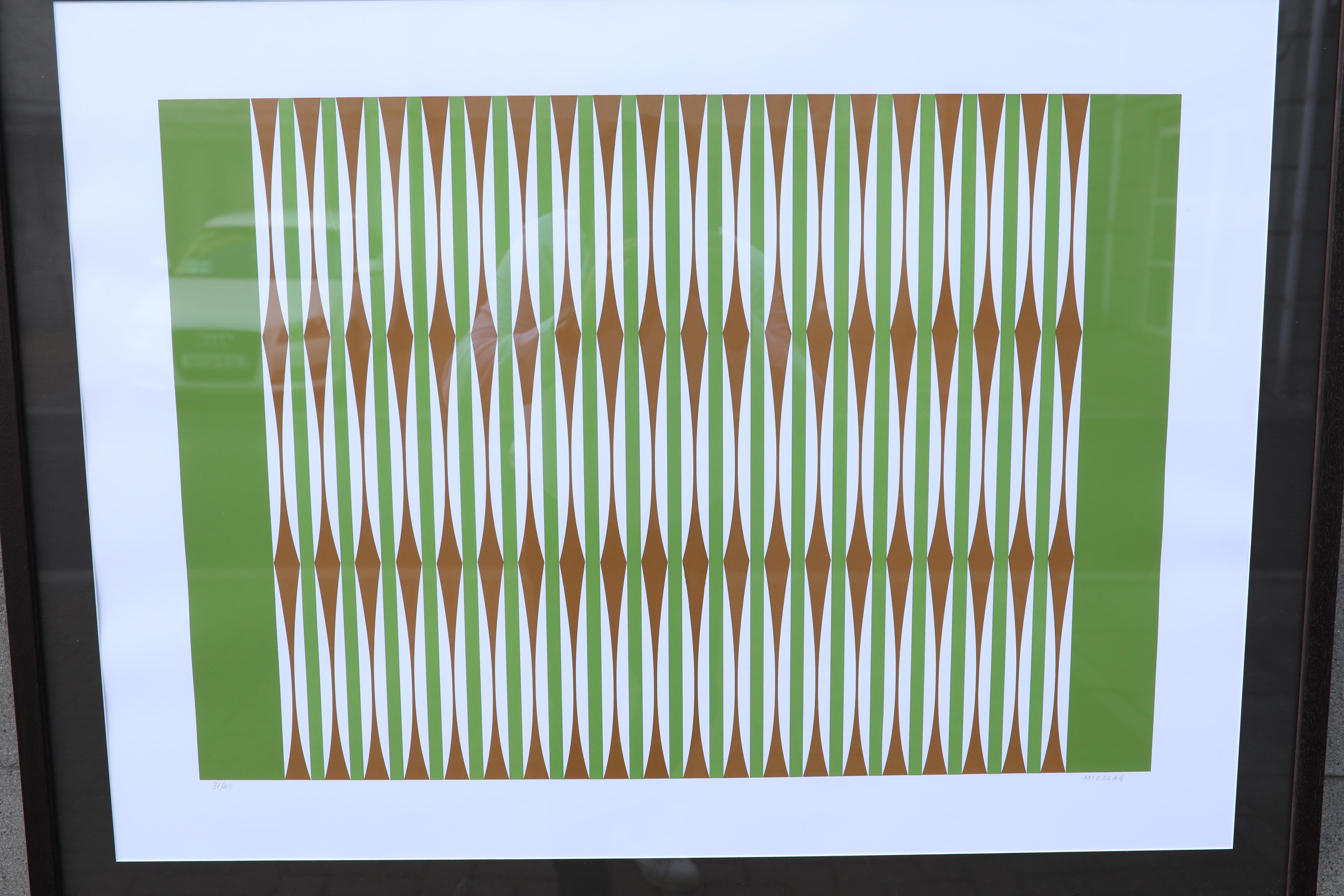 Grüner und weißer Op-Art-Bildschirmdruck des serbischen Künstlers Miodrag Dordevic um 1970 (Serbisch) im Angebot