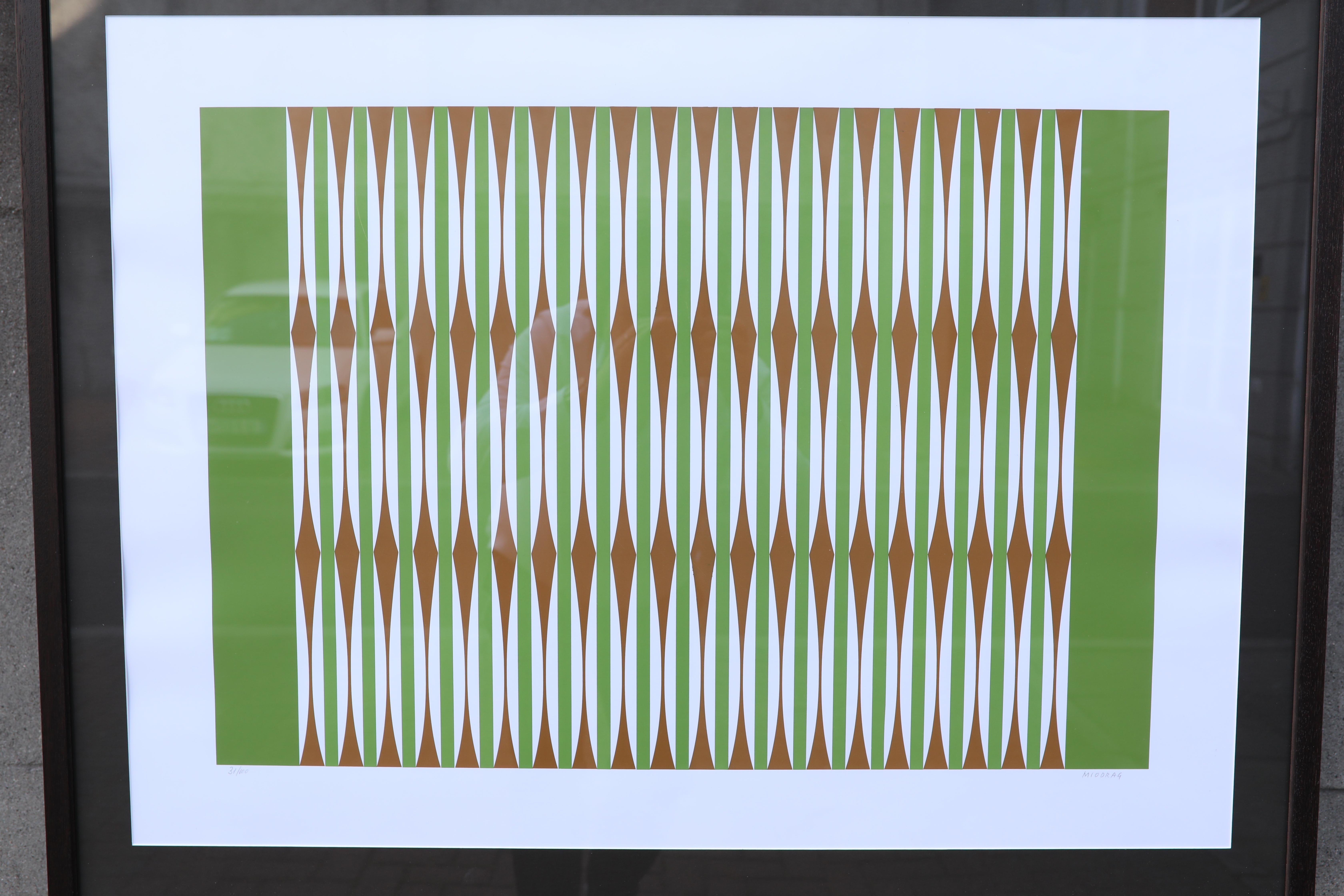 Grüner und weißer Op-Art-Bildschirmdruck des serbischen Künstlers Miodrag Dordevic um 1970 (Ende des 20. Jahrhunderts) im Angebot