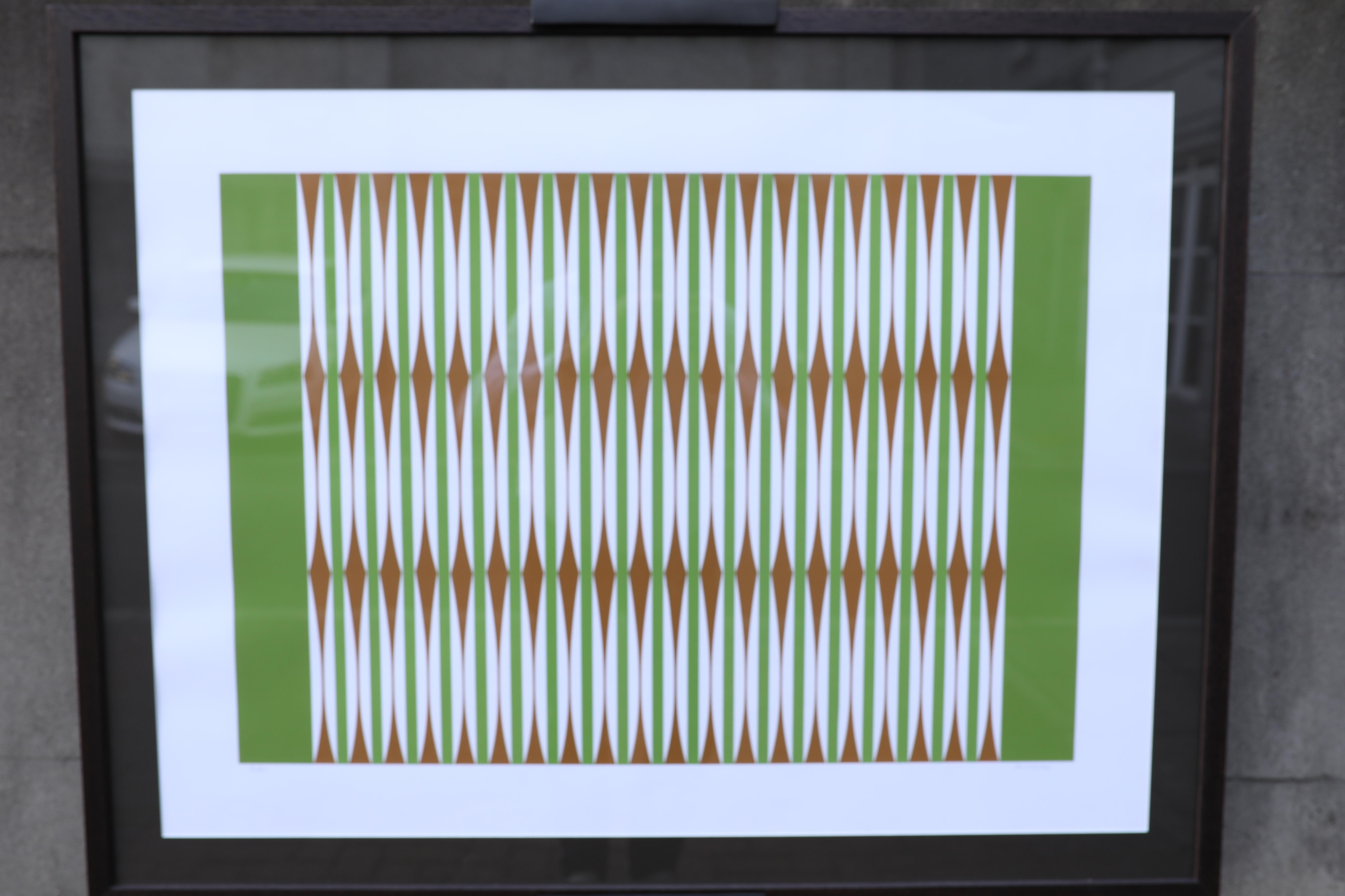 Grüner und weißer Op-Art-Bildschirmdruck des serbischen Künstlers Miodrag Dordevic um 1970 im Angebot 2