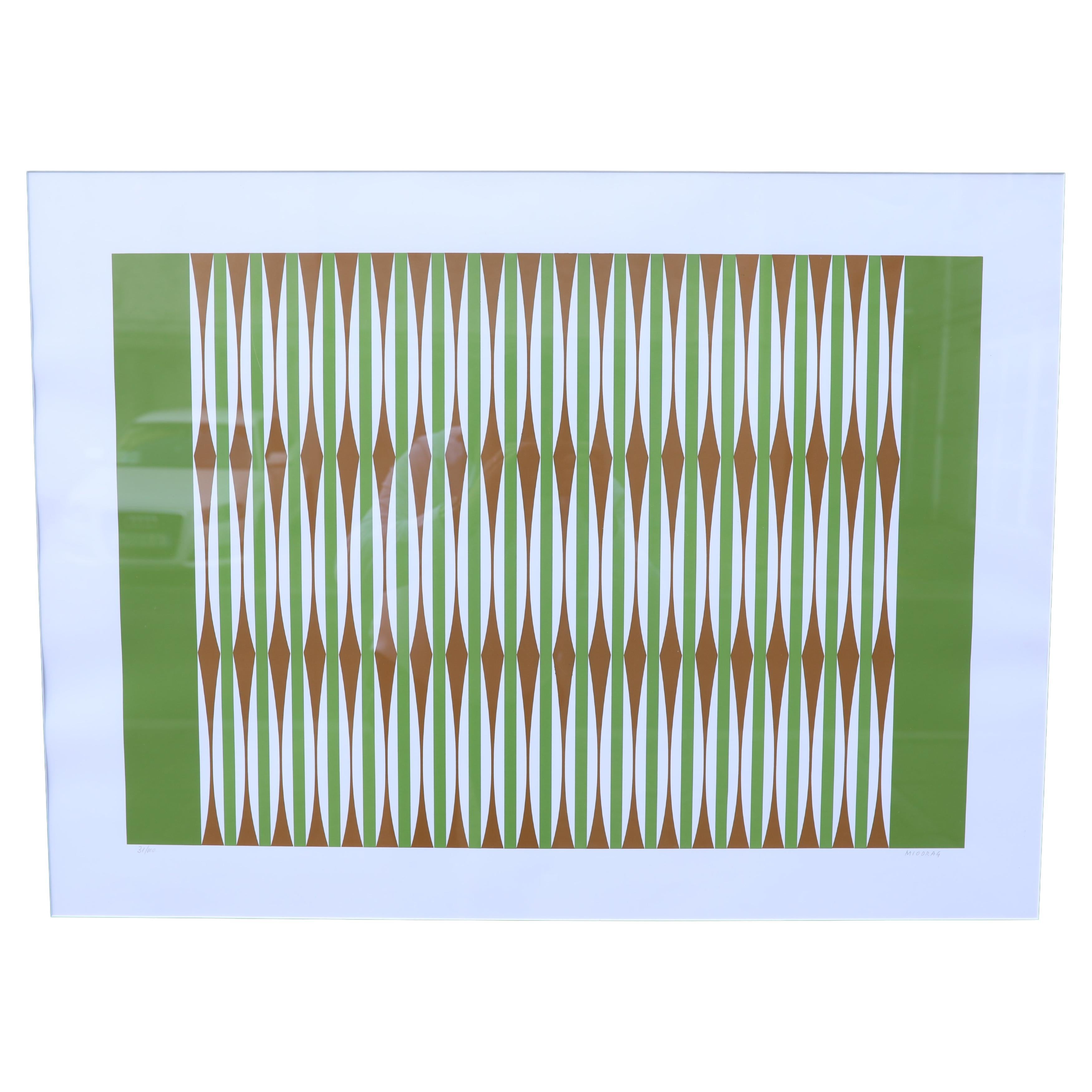 Grüner und weißer Op-Art-Bildschirmdruck des serbischen Künstlers Miodrag Dordevic um 1970 im Angebot