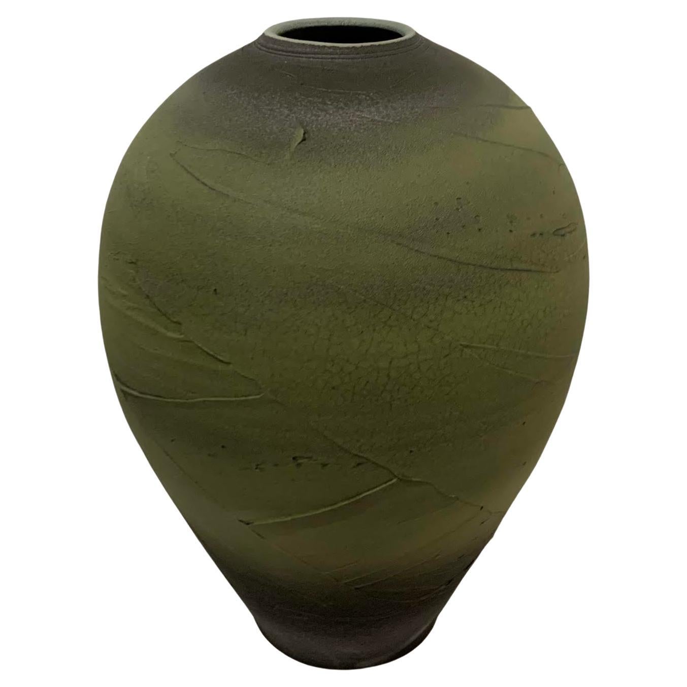 Green With Grey Textured Hand Made Earthenware Vase, Contemporary, USA For Sale