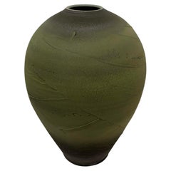 Green With Grey Textured Hand Made Earthenware Vase, Contemporary, USA