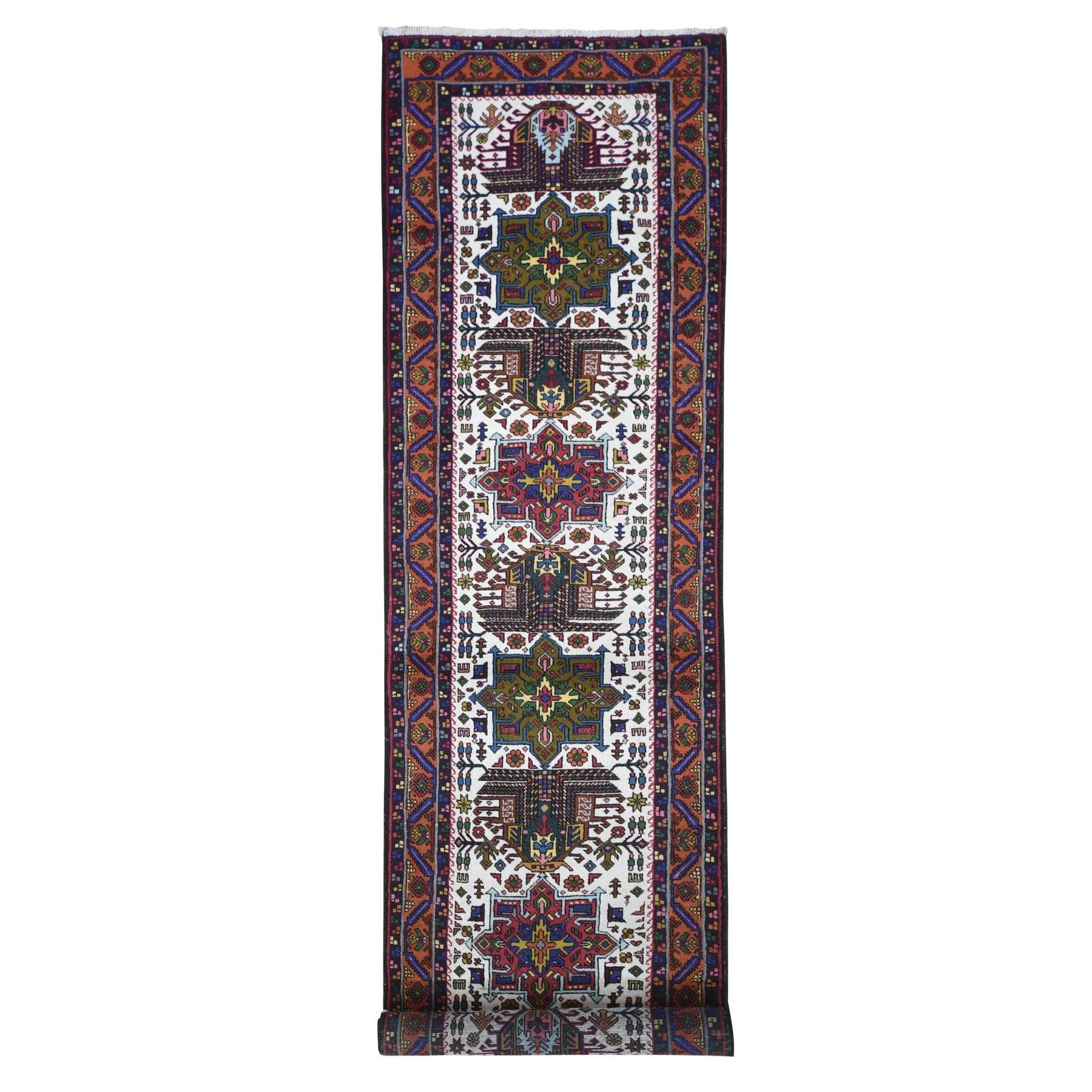 Green with Orange Vintage Persian Karajeh Excellent Cond Wool Hand Knotted Rug For Sale