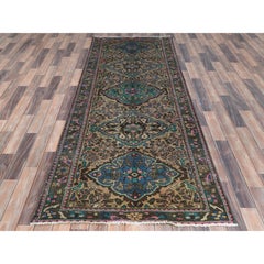 Green with Touches of Pink Worn Wool Hand Knotted Vintage Zoroastrian Runner Rug