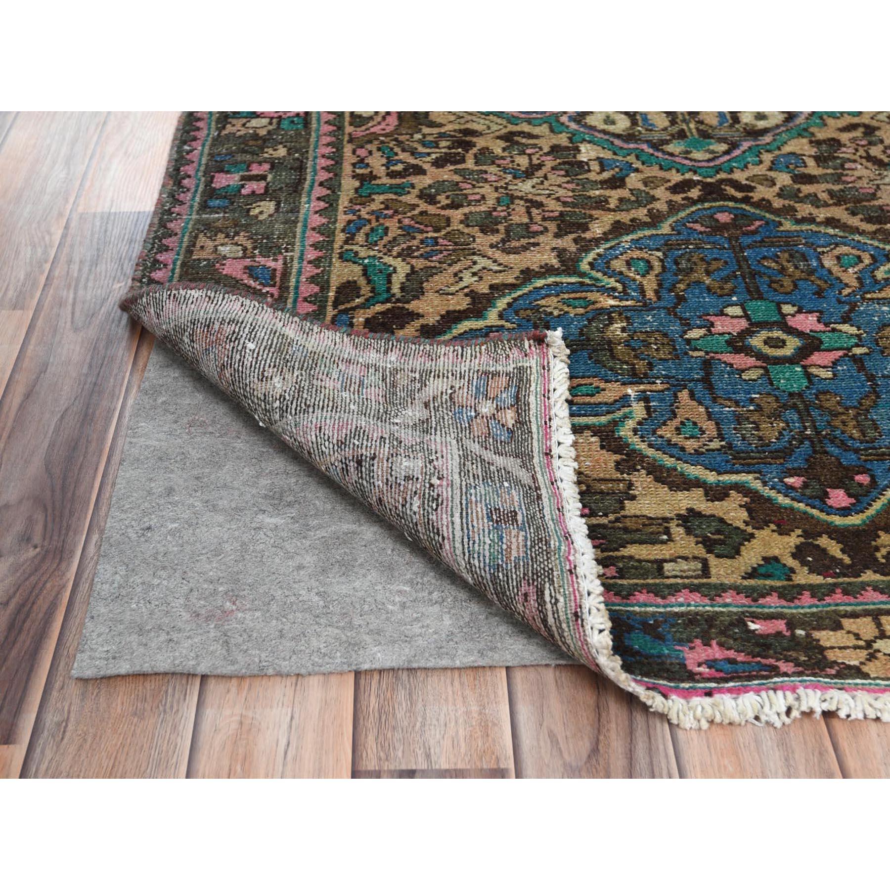 Medieval Green with Touches of Pink, Worn Wool Hand Knotted, Vintage Persian Bakhtiar Rug For Sale