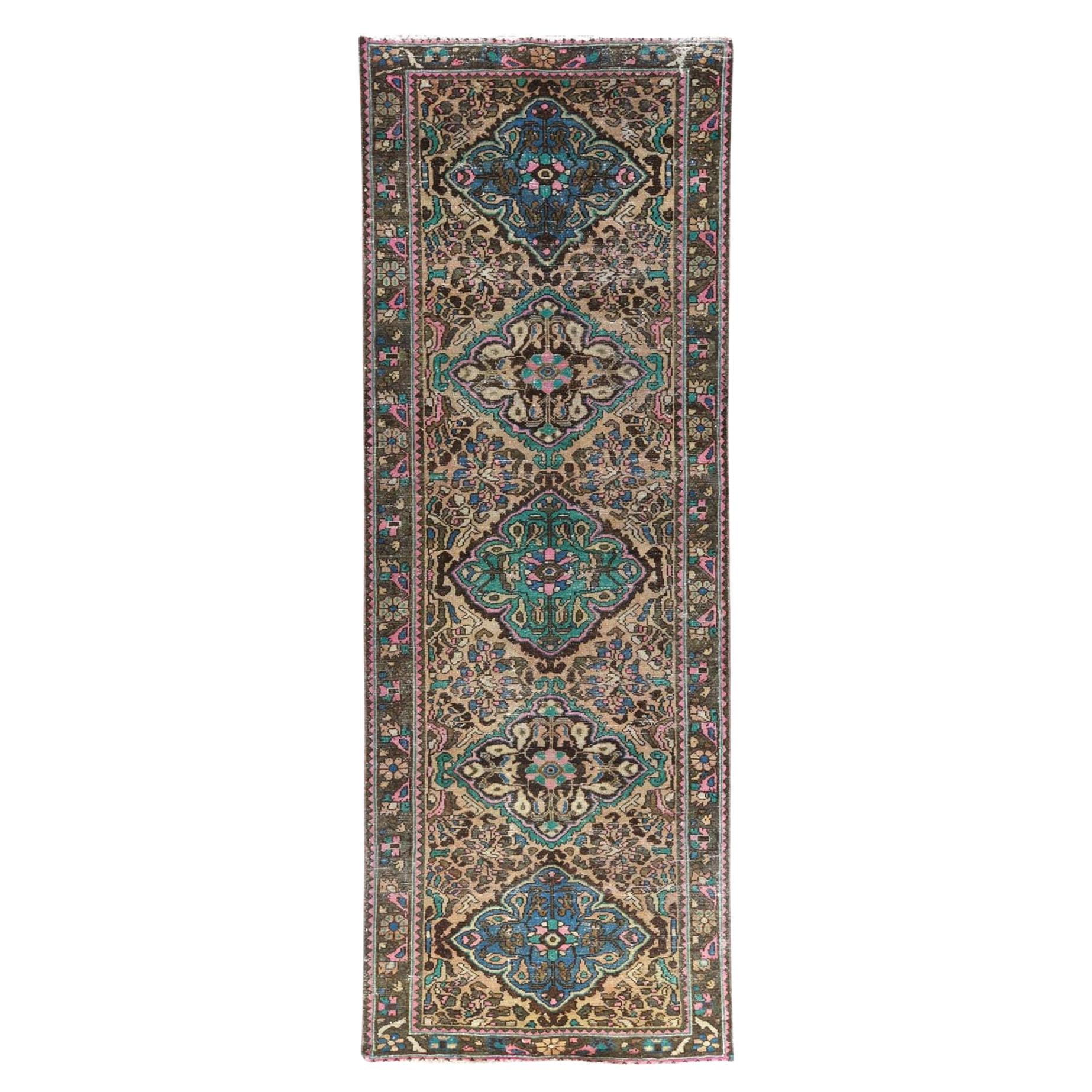 Green with Touches of Pink, Worn Wool Hand Knotted, Vintage Persian Bakhtiar Rug For Sale