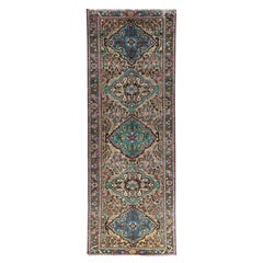 Green with Touches of Pink, Worn Wool Hand Knotted, Vintage Persian Bakhtiar Rug