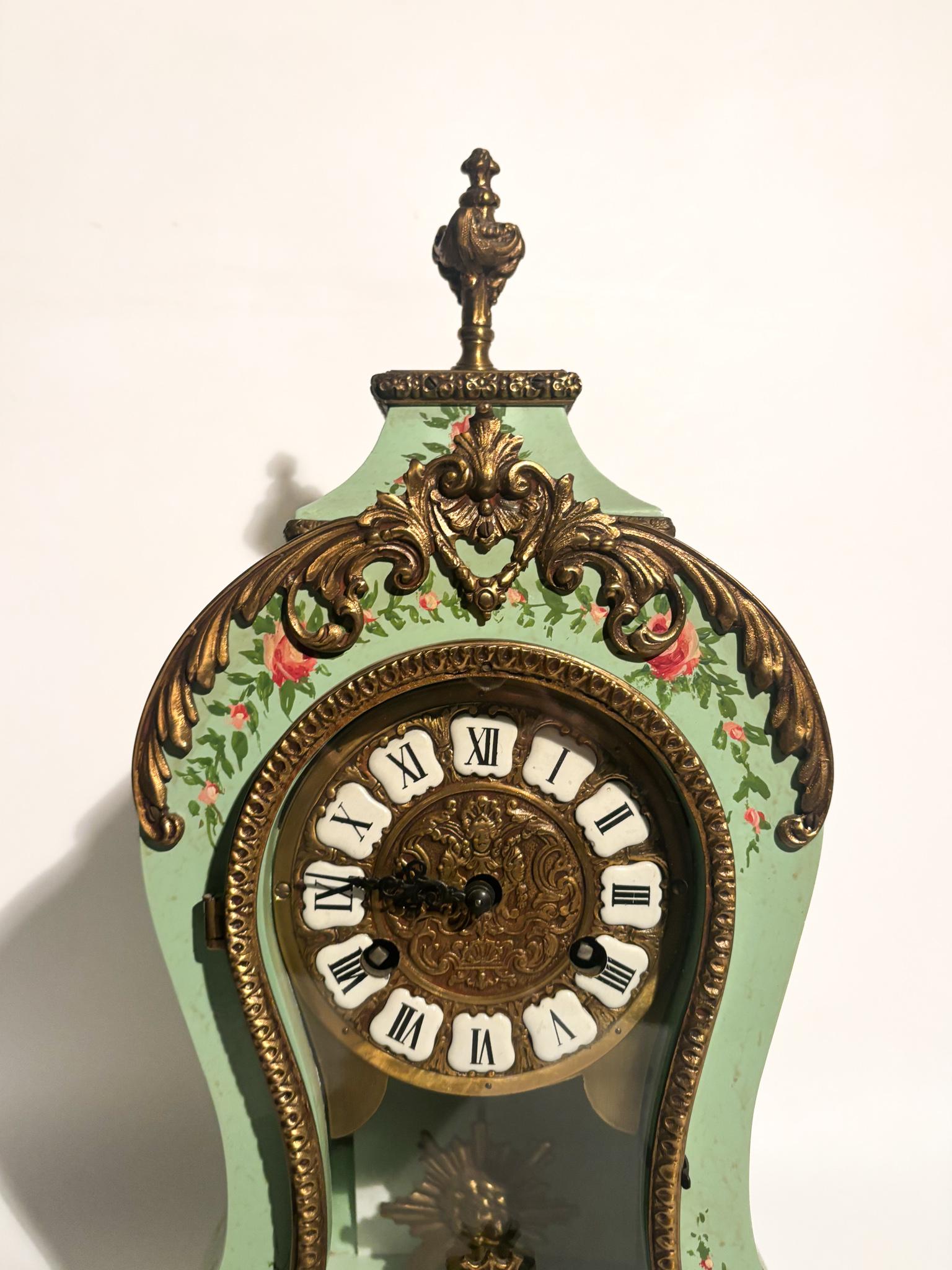 Empire Green Wood and Brass Pendulum Clock FHS 151-080 Germany 1950s For Sale