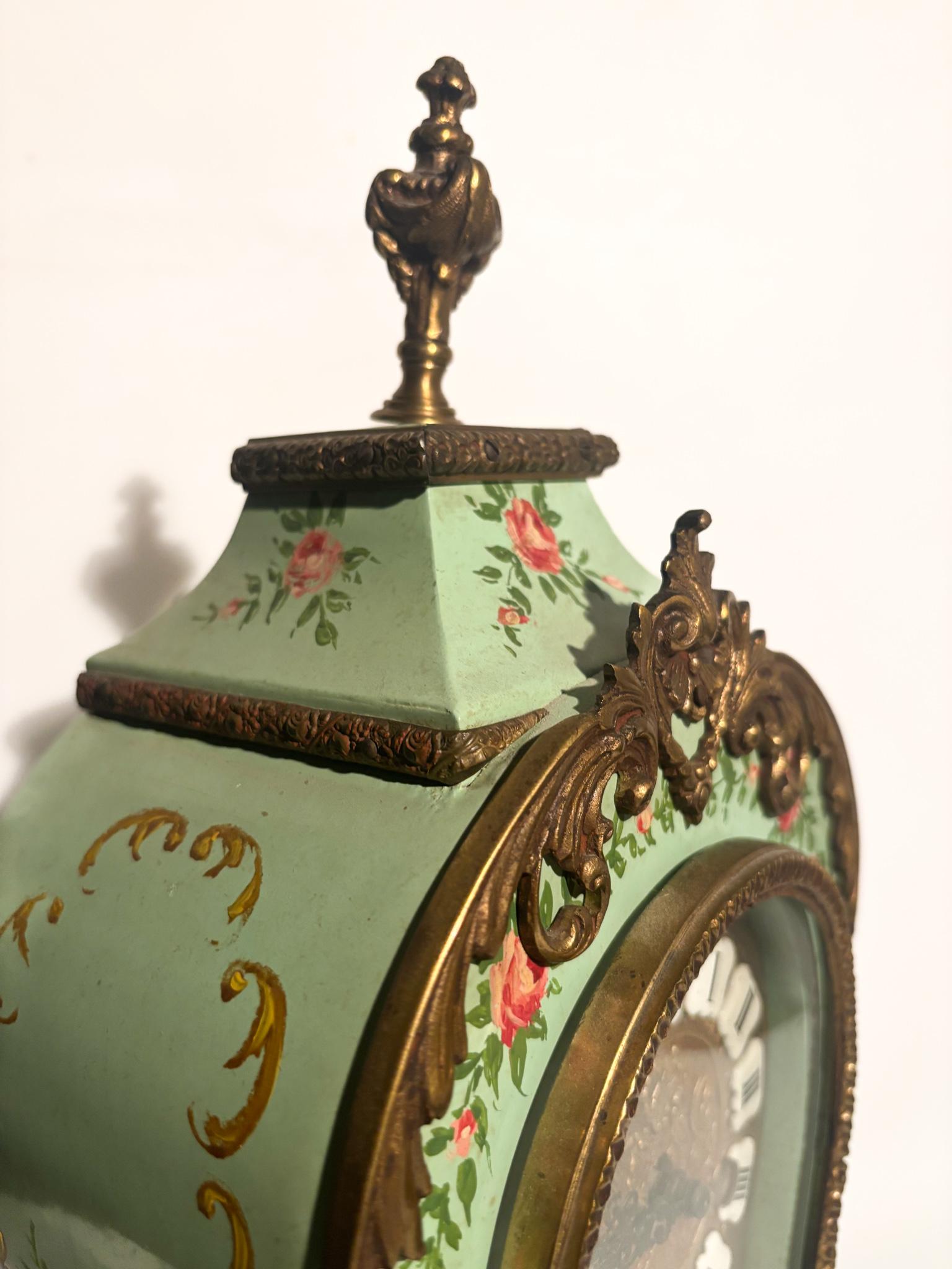 Green Wood and Brass Pendulum Clock FHS 151-080 Germany 1950s For Sale 1