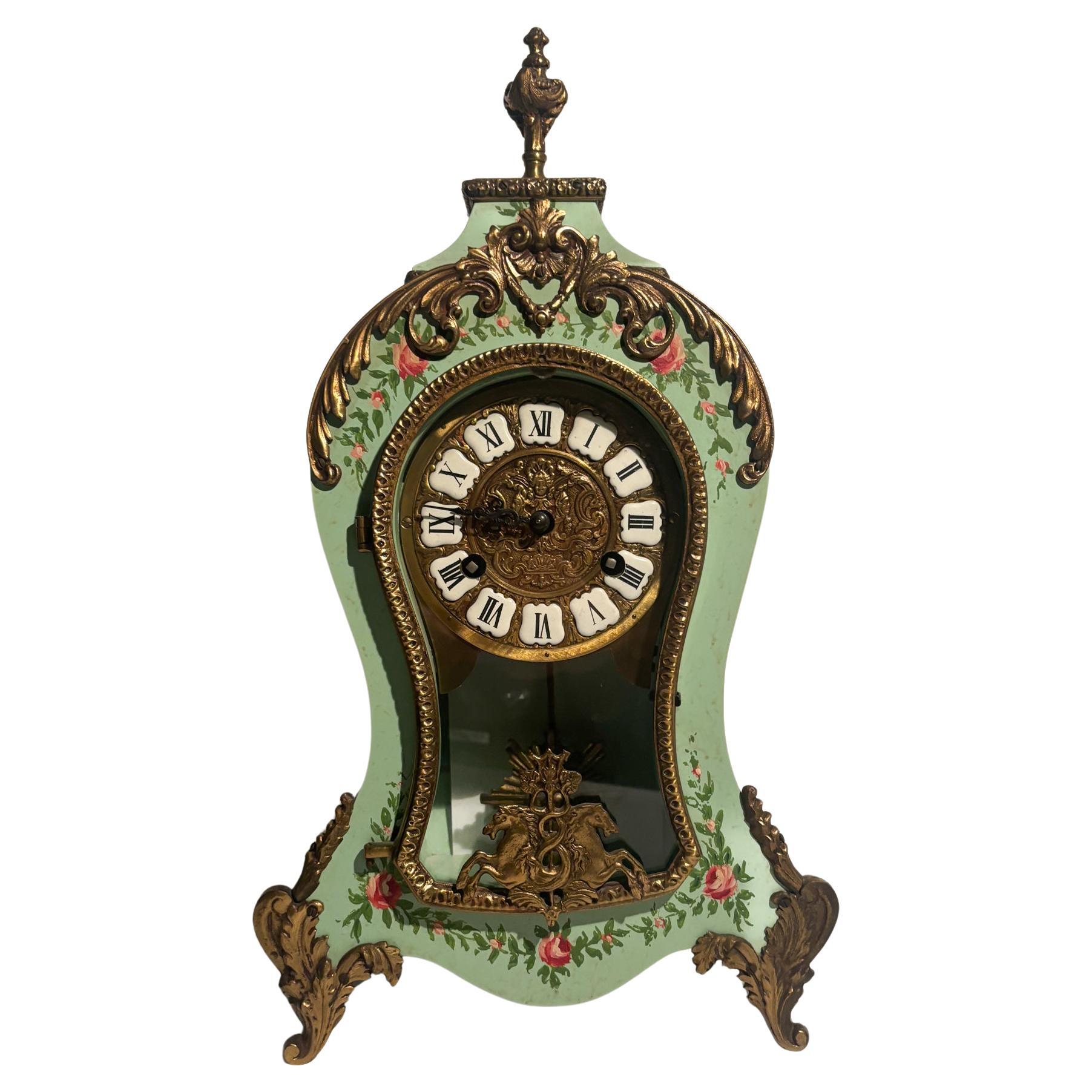 Green Wood and Brass Pendulum Clock FHS 151-080 Germany 1950s For Sale