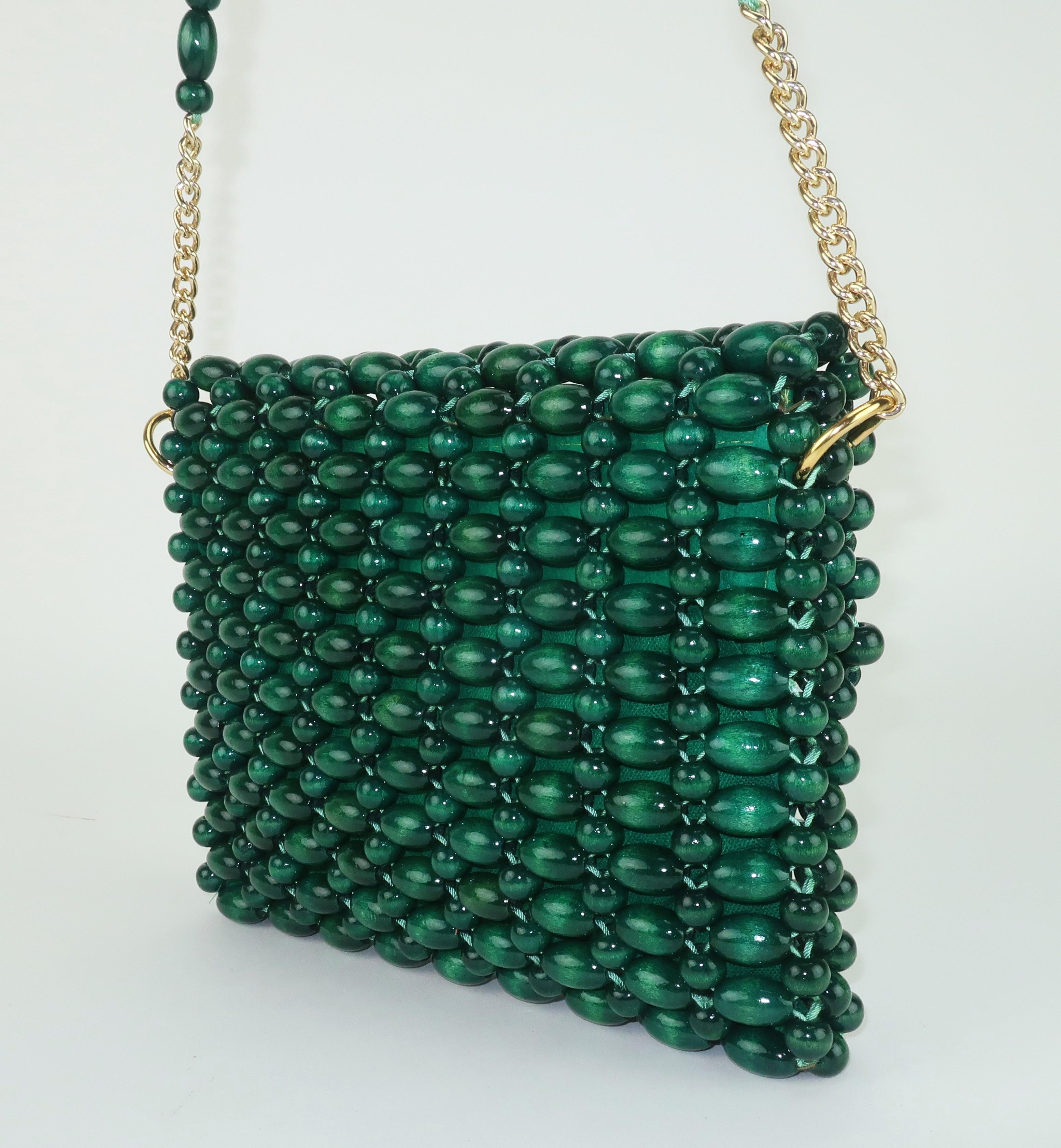 Grüne Handtasche mit Holzperlen, 1960er Jahre im Angebot 3