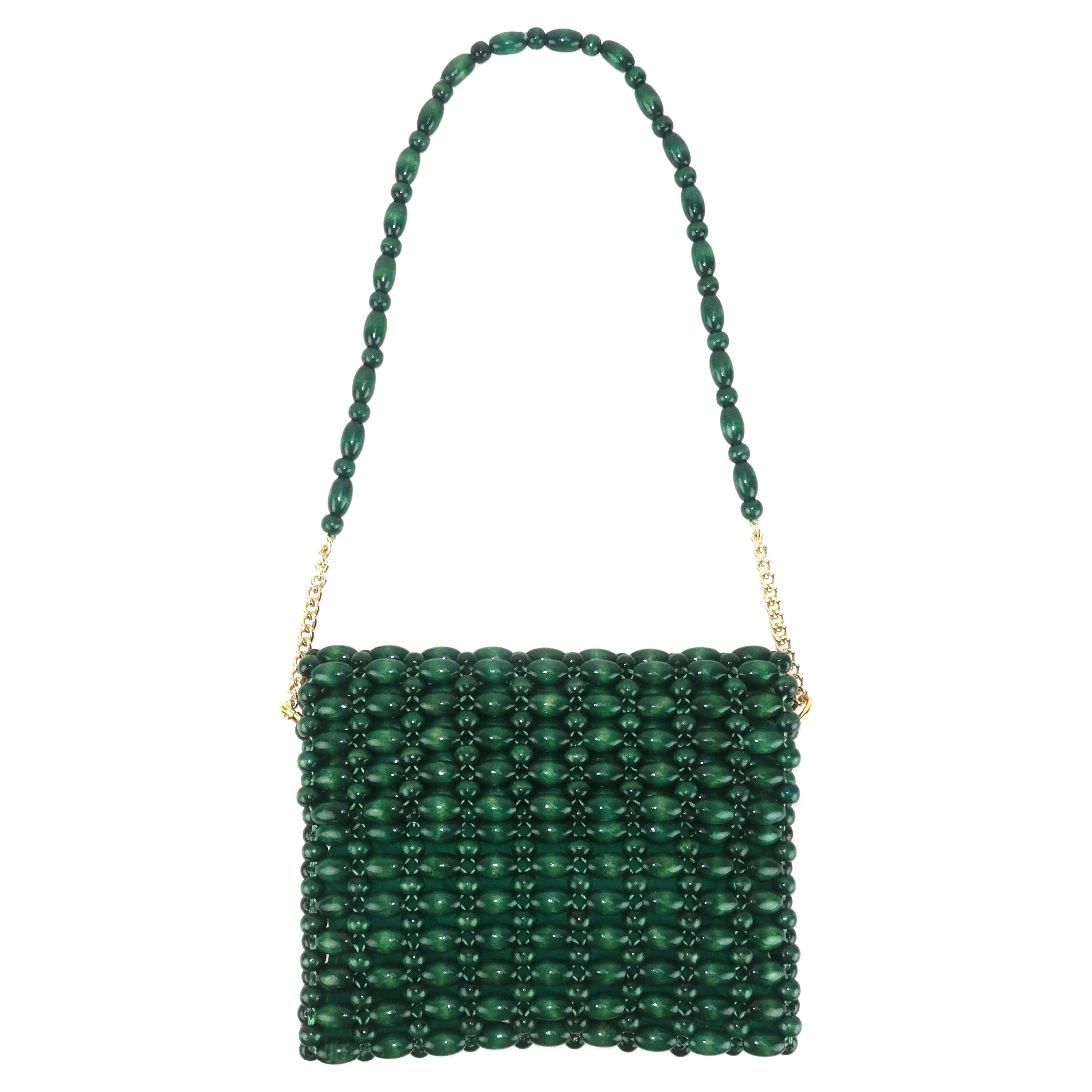 Green Wooden Bead Handbag, 1960's For Sale