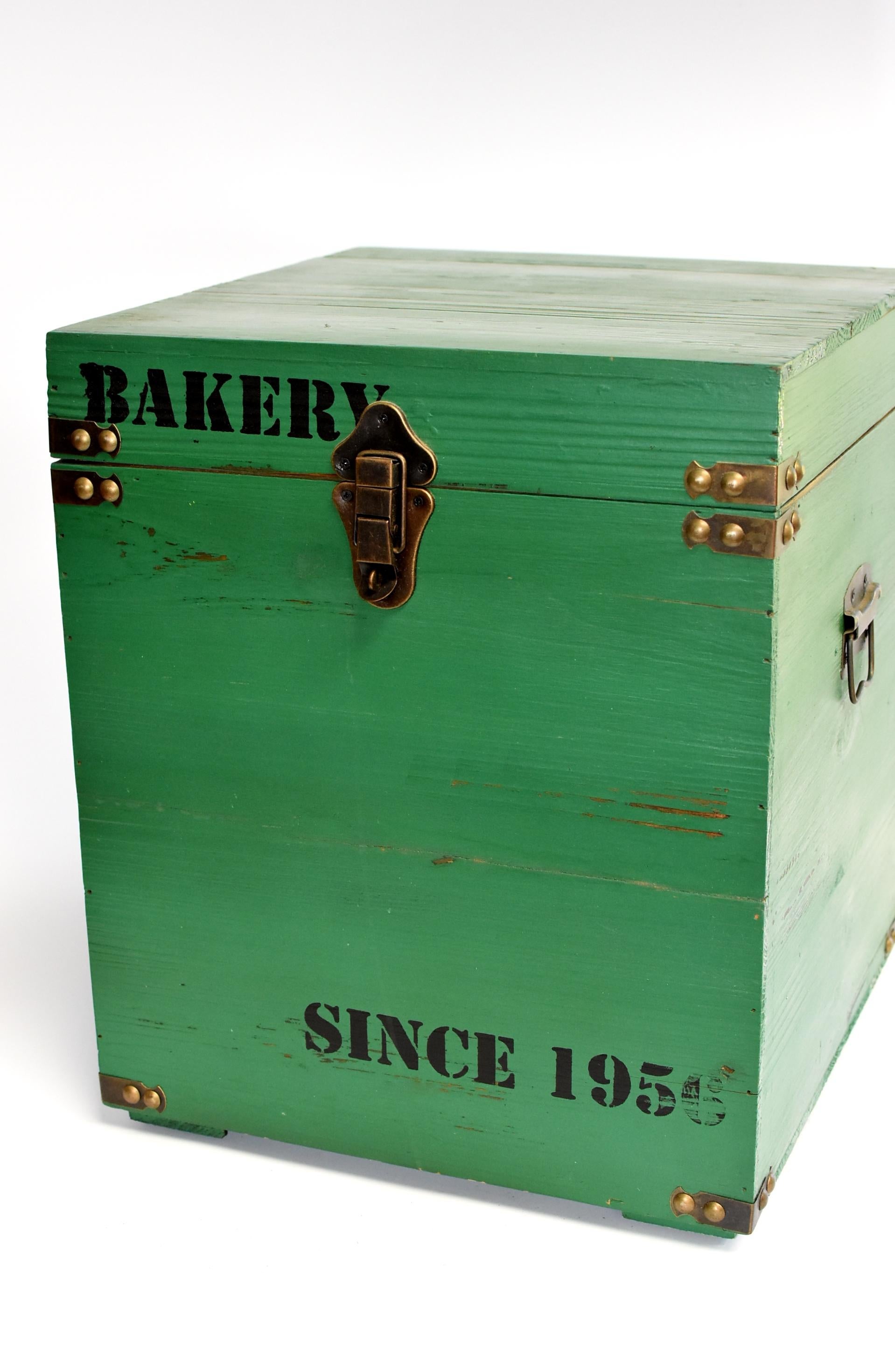 Brass Green Wooden Cube Box, Side Table, Bakery Print New