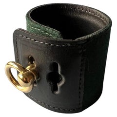 Green Wool Black Leather Wide Cuff Bracelet Gold Hardware  J DAUPHIN