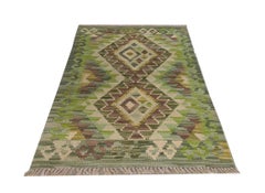 Green Wool Kilim Rugs, Traditional Carpet Kelim Geometric Nordic Rugs