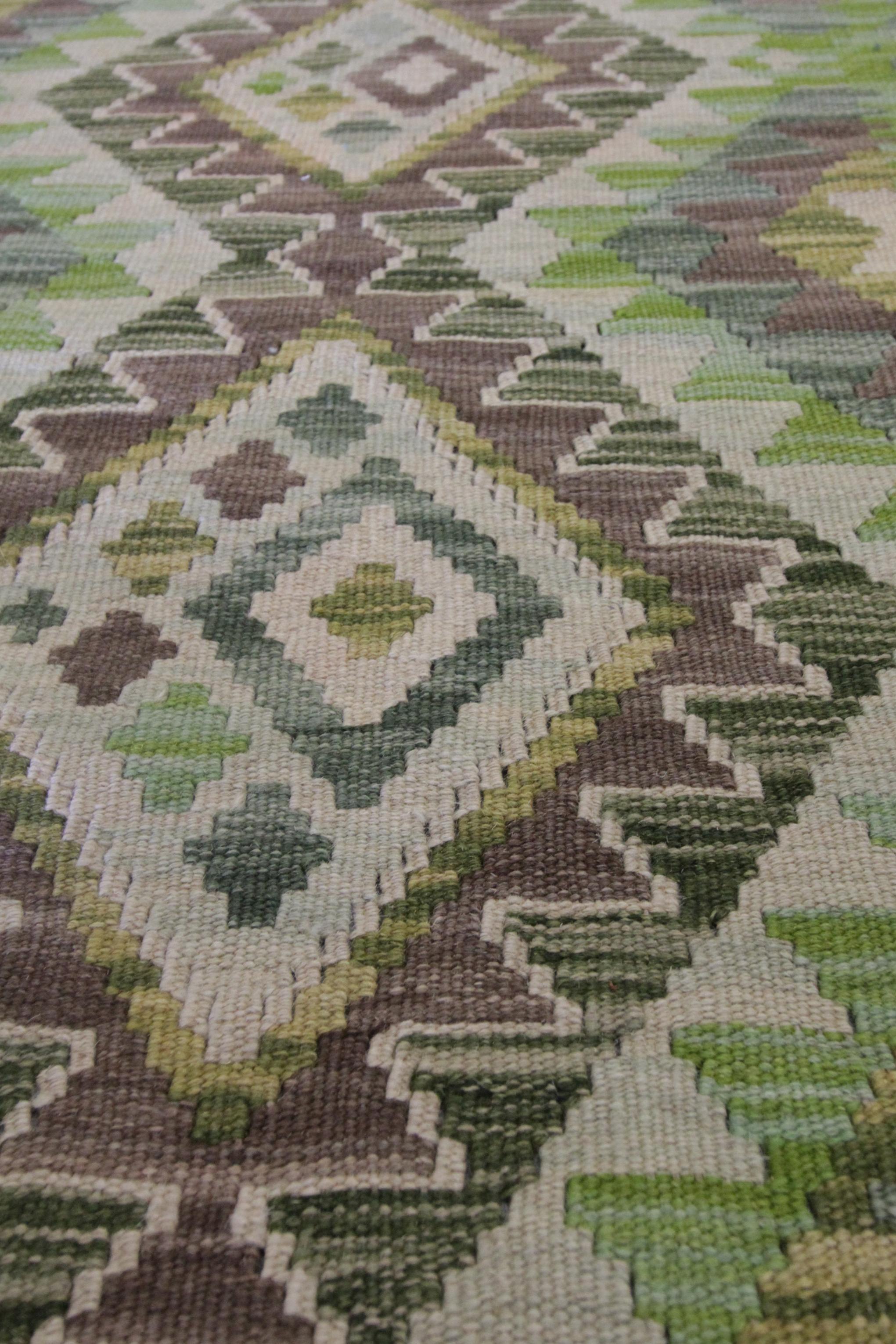 Afghan Green Wool Kilim Rugs, Traditional Carpet Kelim Geometric Nordic Rugs