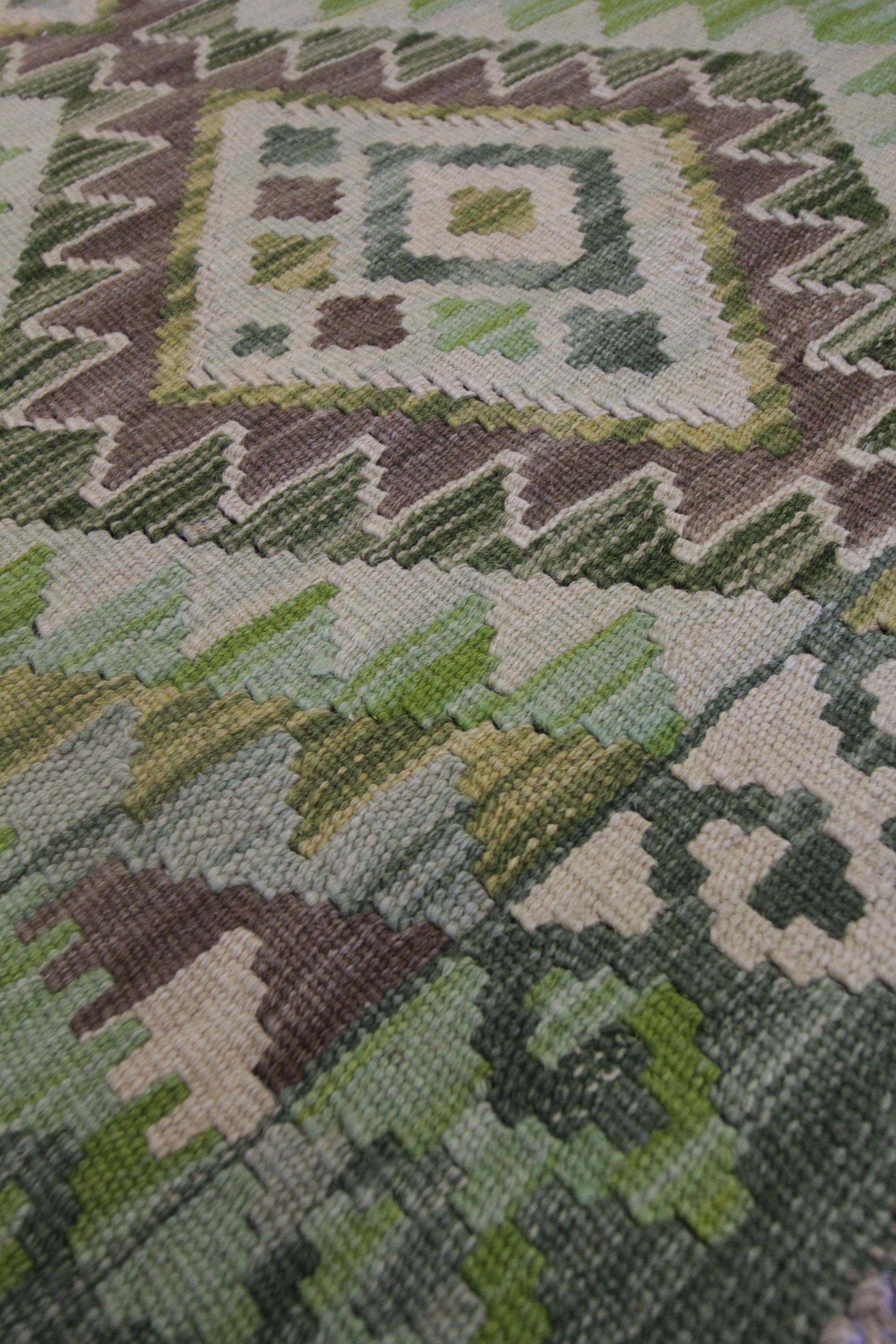 Vegetable Dyed Green Wool Kilim Rugs, Traditional Carpet Kelim Geometric Nordic Rugs