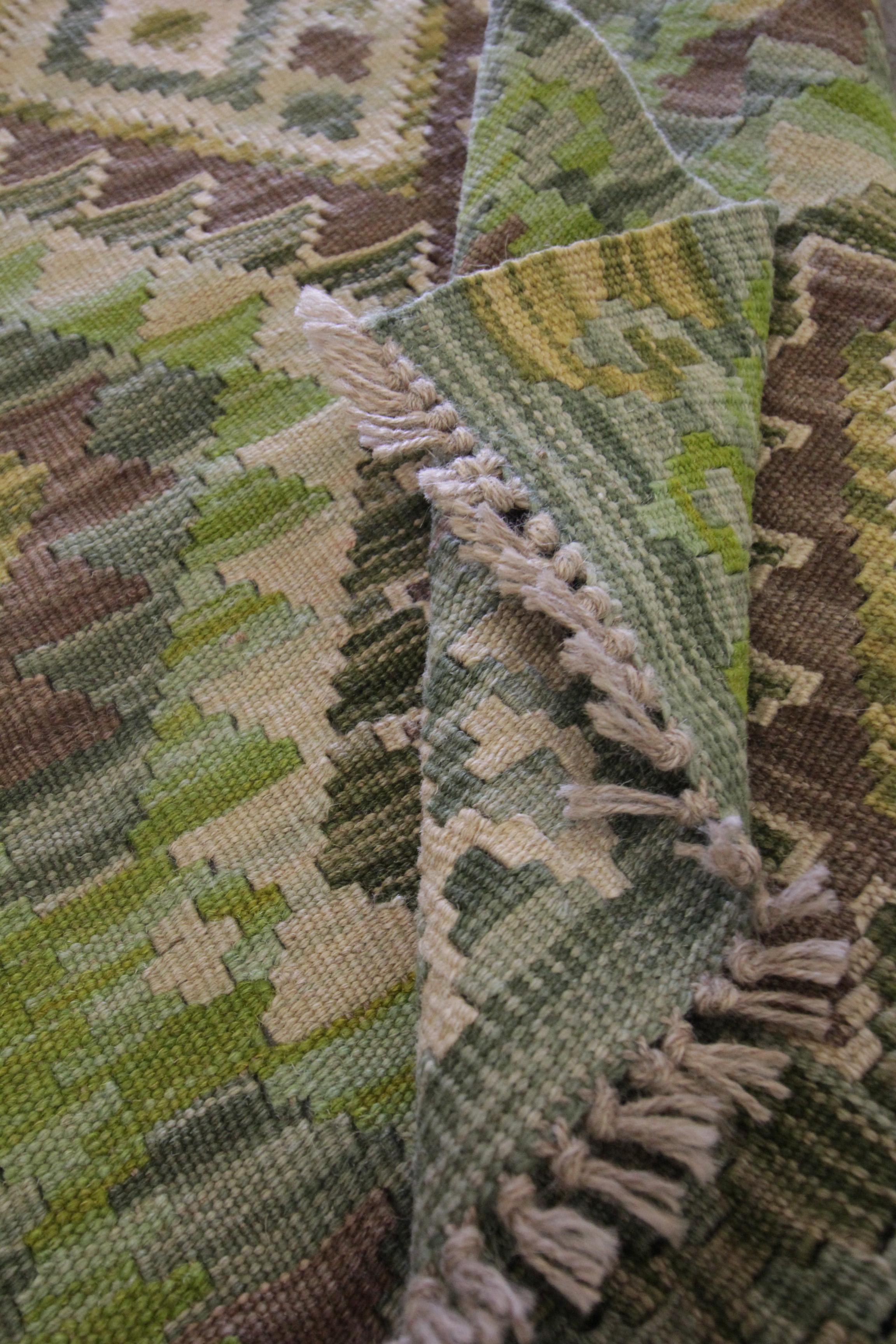 Green Wool Kilim Rugs, Traditional Carpet Kelim Geometric Nordic Rugs 3