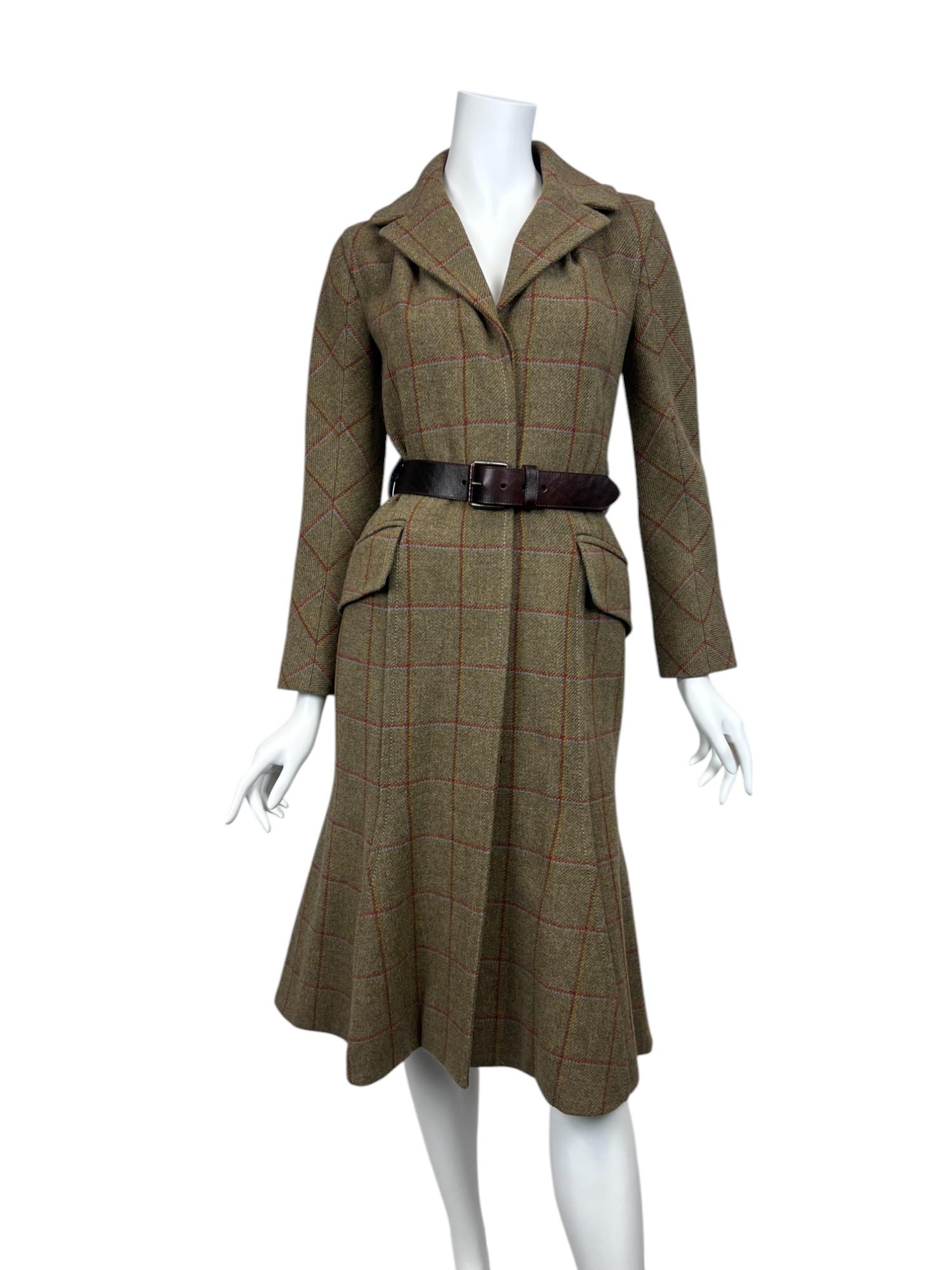 Women's Green Wool Plaid Tailored Coat Sz: FR 36 For Sale