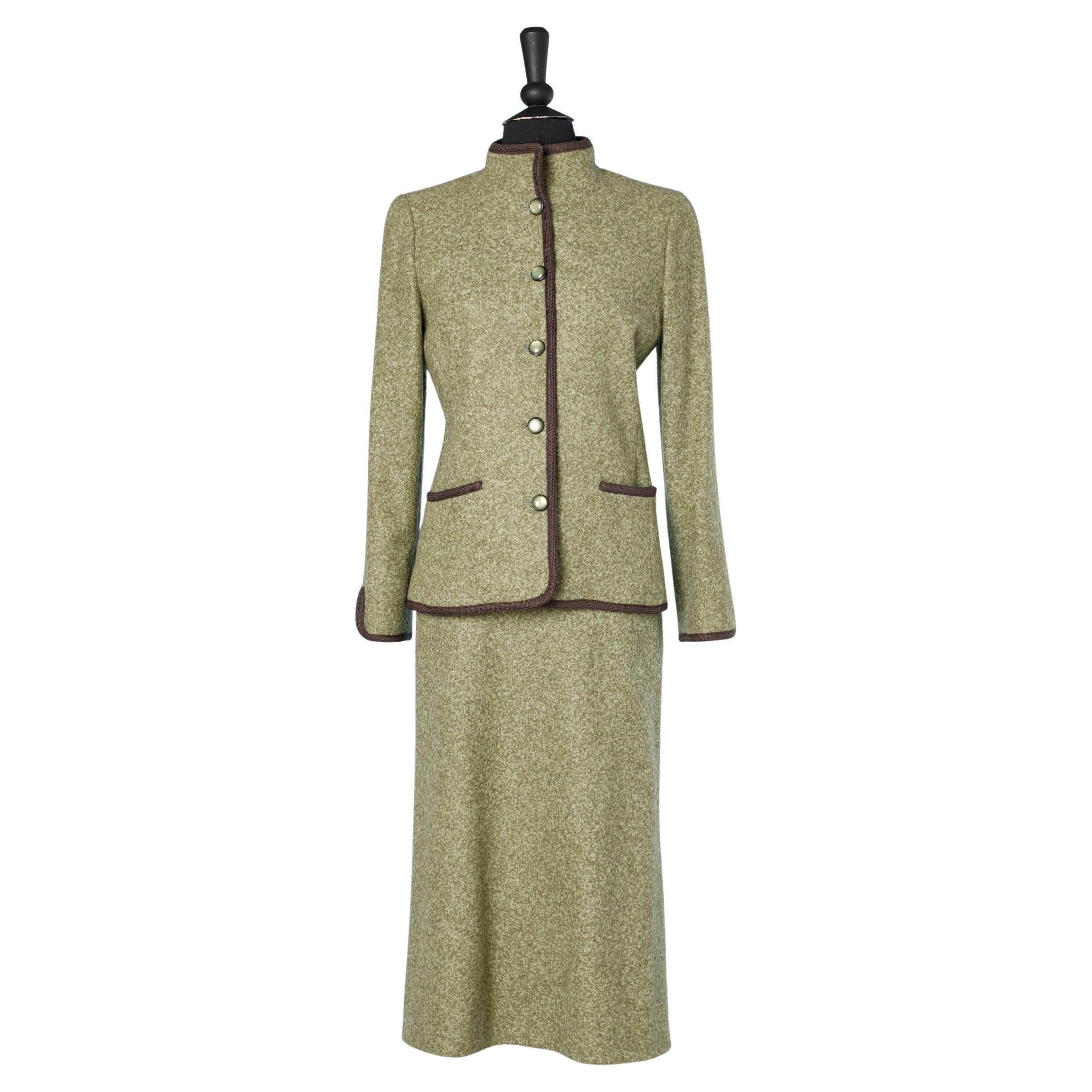 Green wool skirt-suit with brown braids piping Ivoire de Balmain Circa 1980's  For Sale