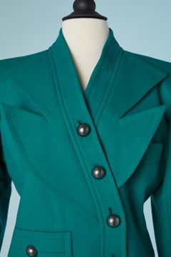 Saint Laurent Rive Gauche - Combinaison jupe en laine verte avec col graphique, circa 1980