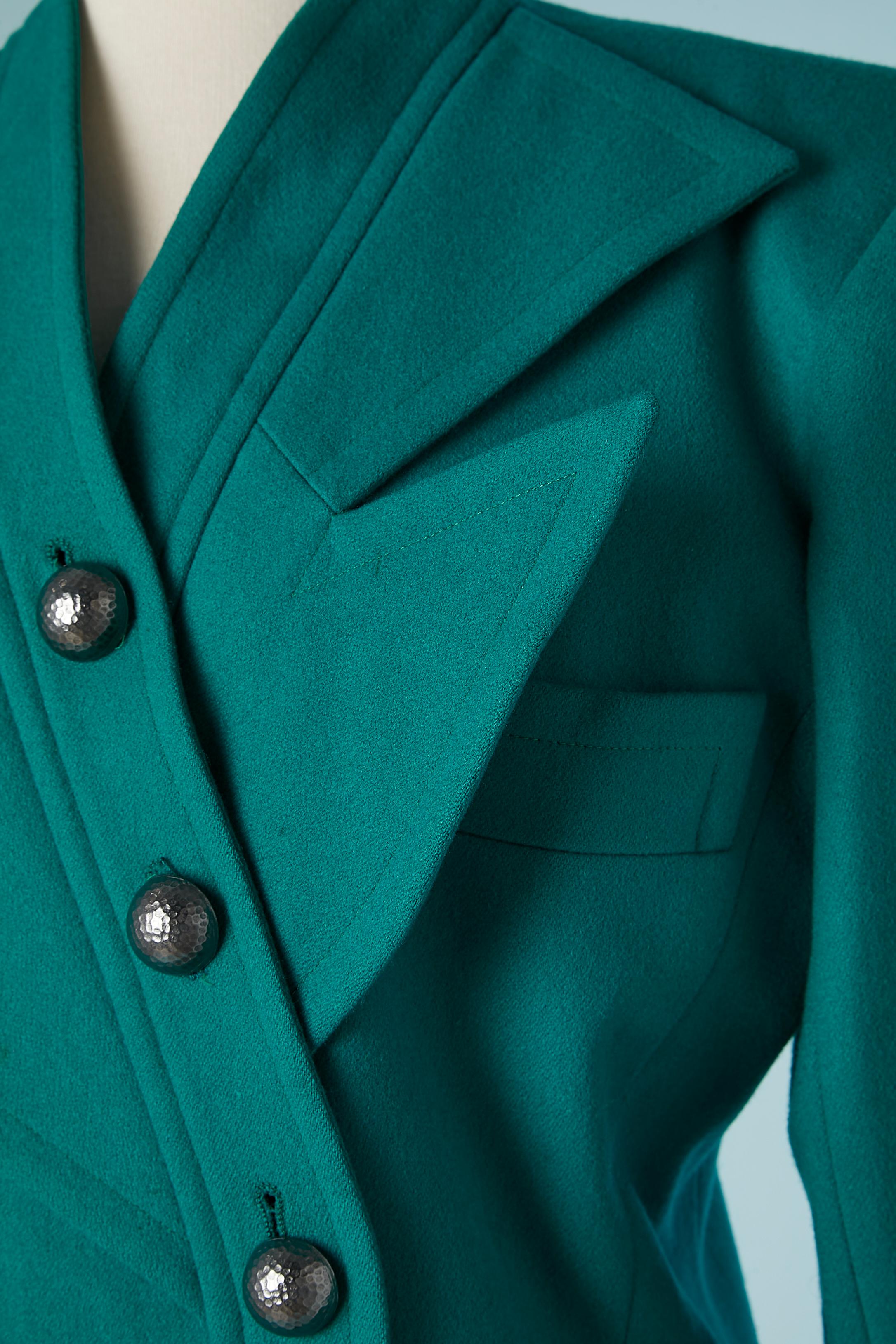 Vert Saint Laurent Rive Gauche - Combinaison jupe en laine verte avec col graphique, circa 1980 en vente