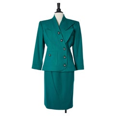 Vintage Green wool skirt-suit with graphic collar Saint Laurent Rive Gauche Circa 1980's