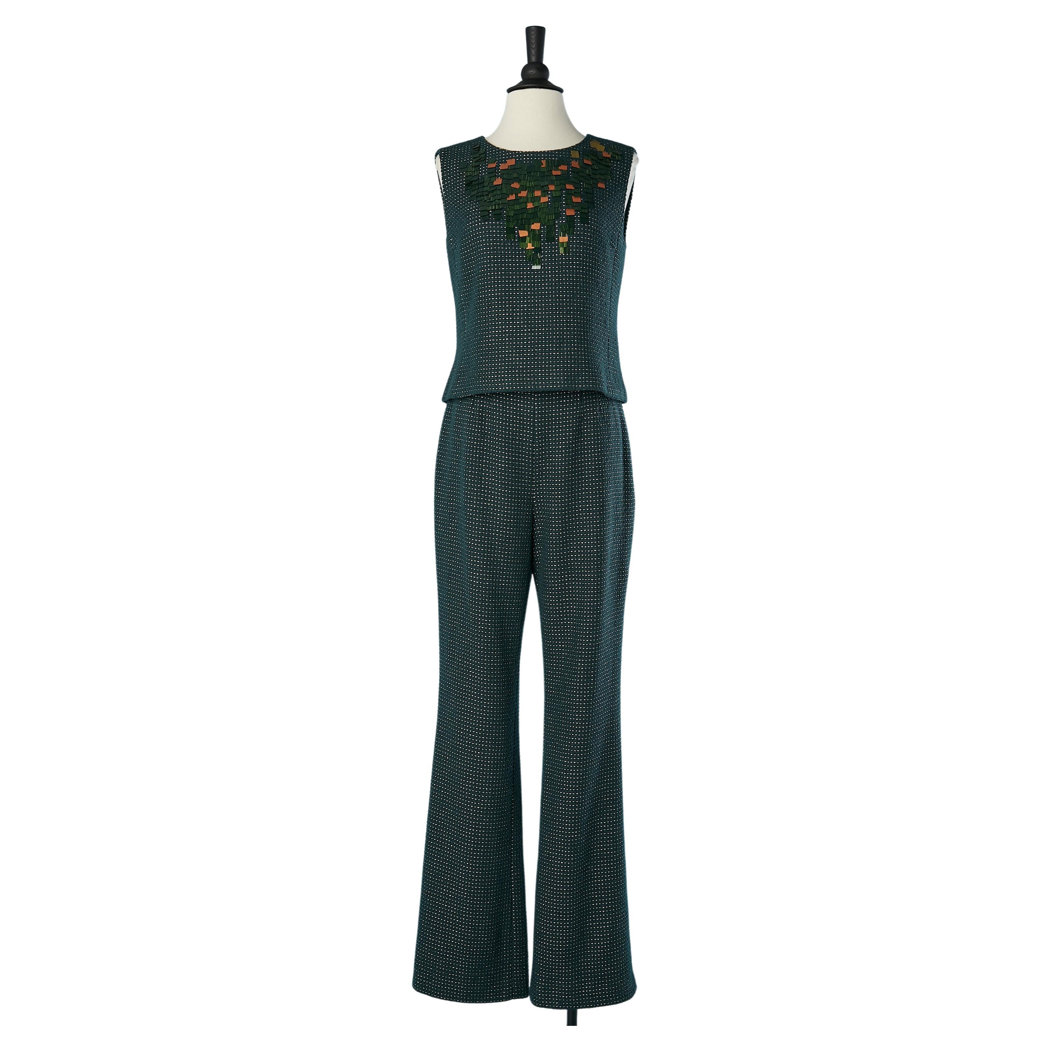 Green wool top and trouser ensemble with sequin embellishment Chanel  For Sale