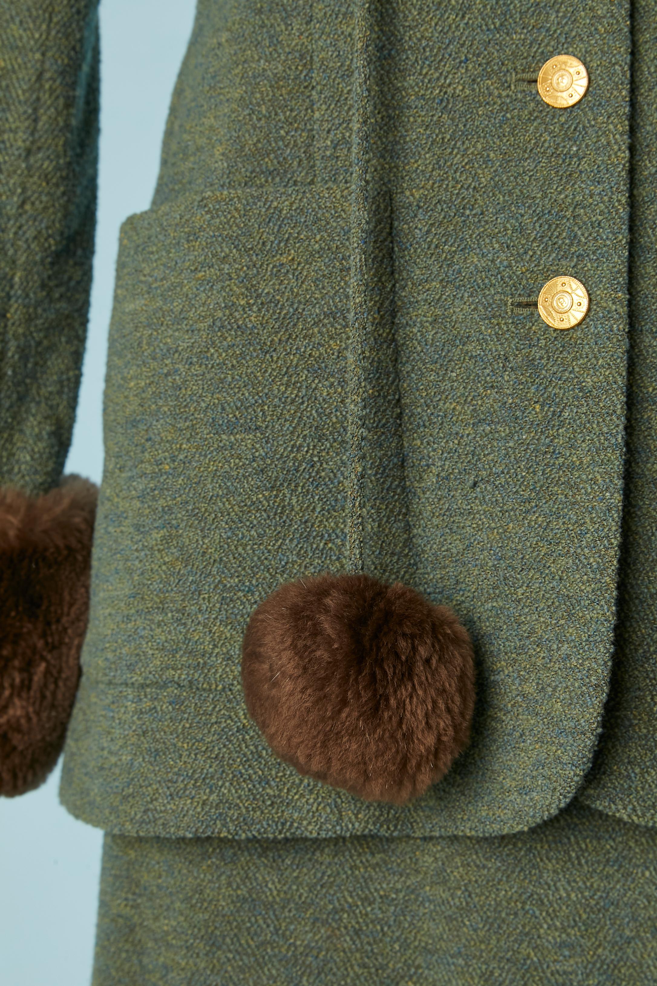 Women's Green wool tweed skirt suit with gold buttons and fur pompoms Chanel Boutique  For Sale
