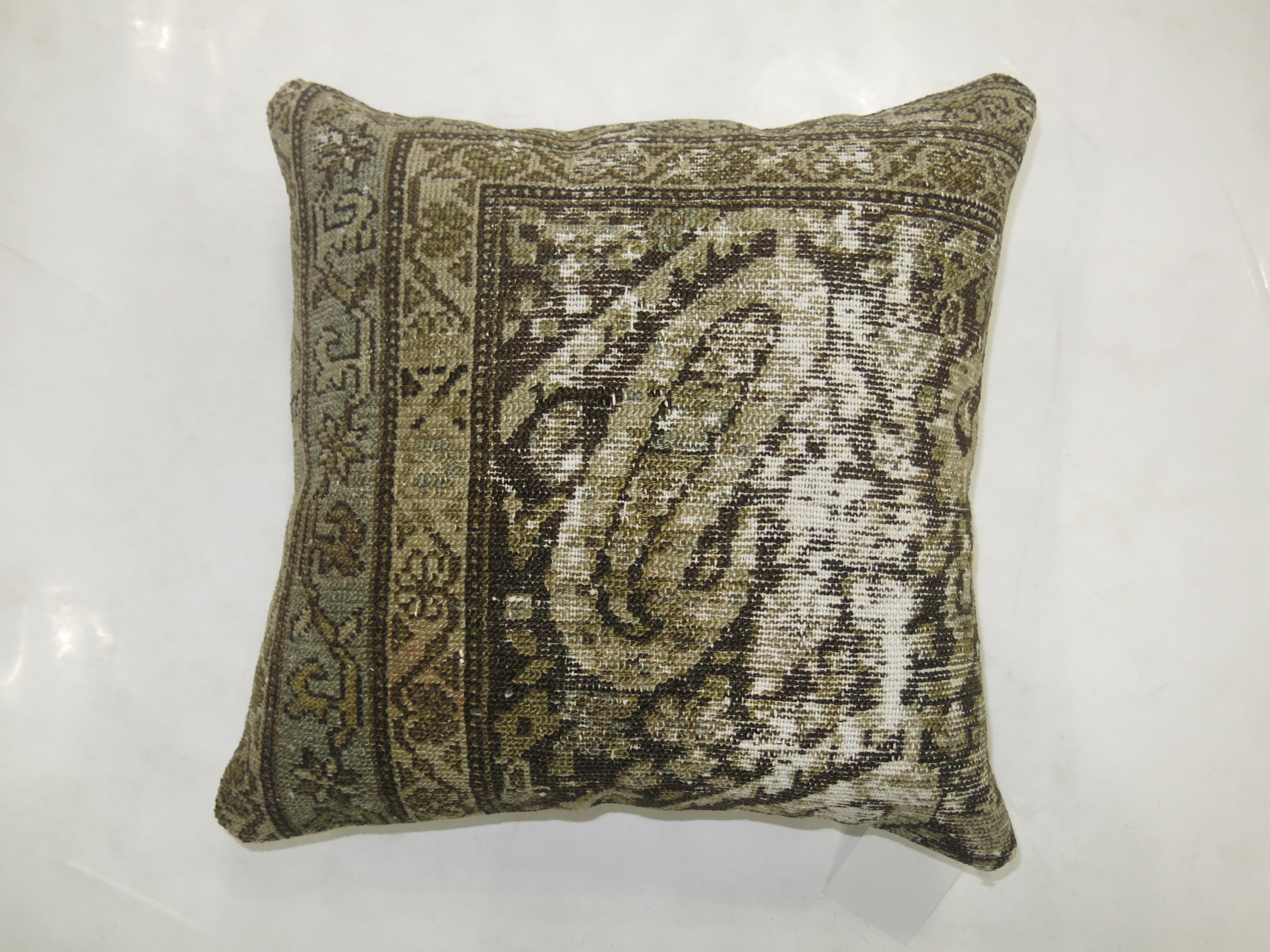 Rustic Green Worn Persian Malayer Rug Pillow For Sale