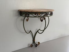 Green Wrought Iron Pink Marble Top Floating Wall Console Table, 1950s, Italy