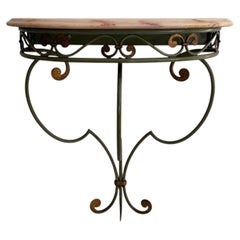 Green Wrought Iron Pink Marble Top Floating Wall Console Table, 1950s, Italy