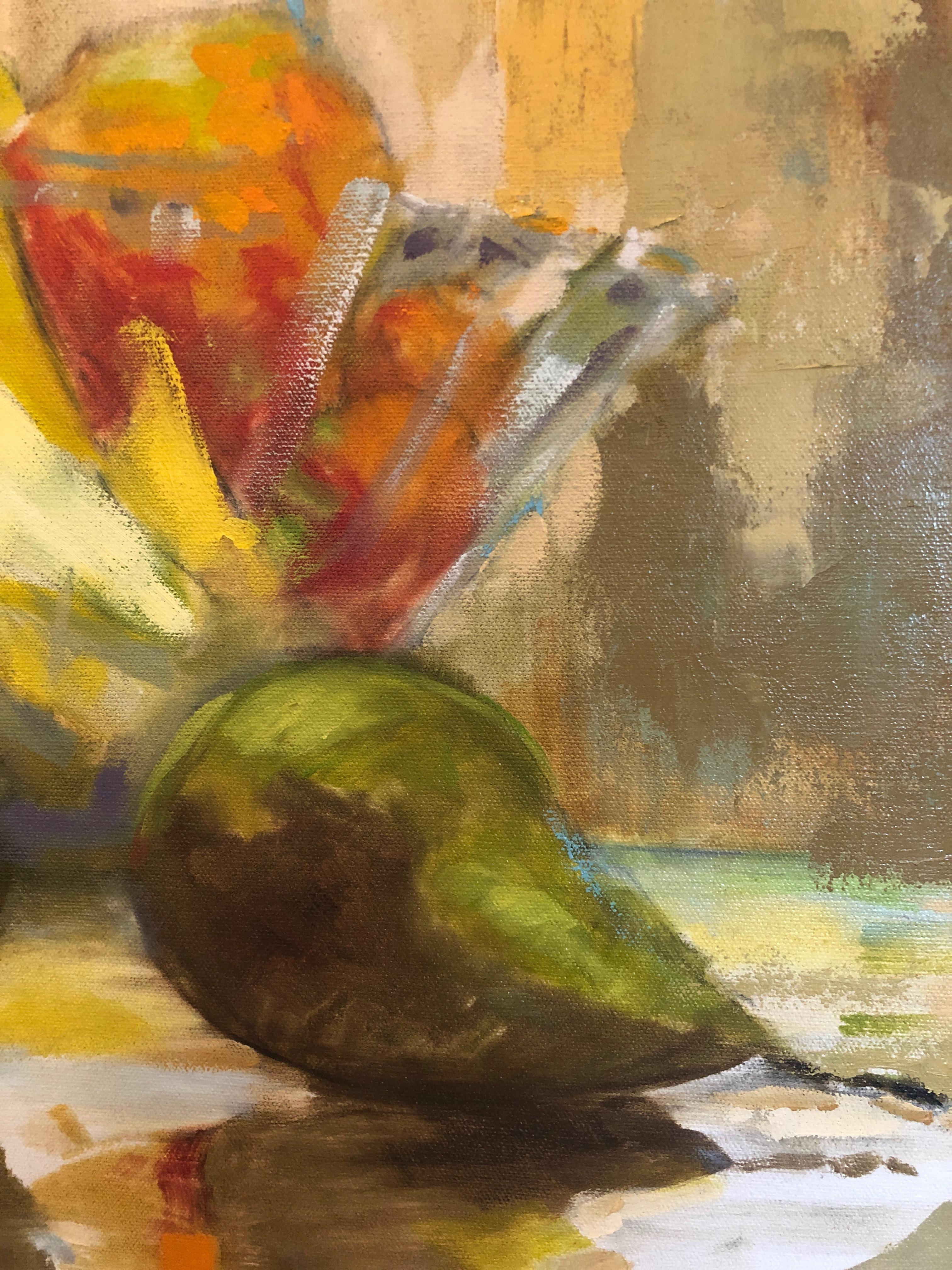 Green, Yellow, Blue, Orange and Red Still Life Oil Painting, Entitled 