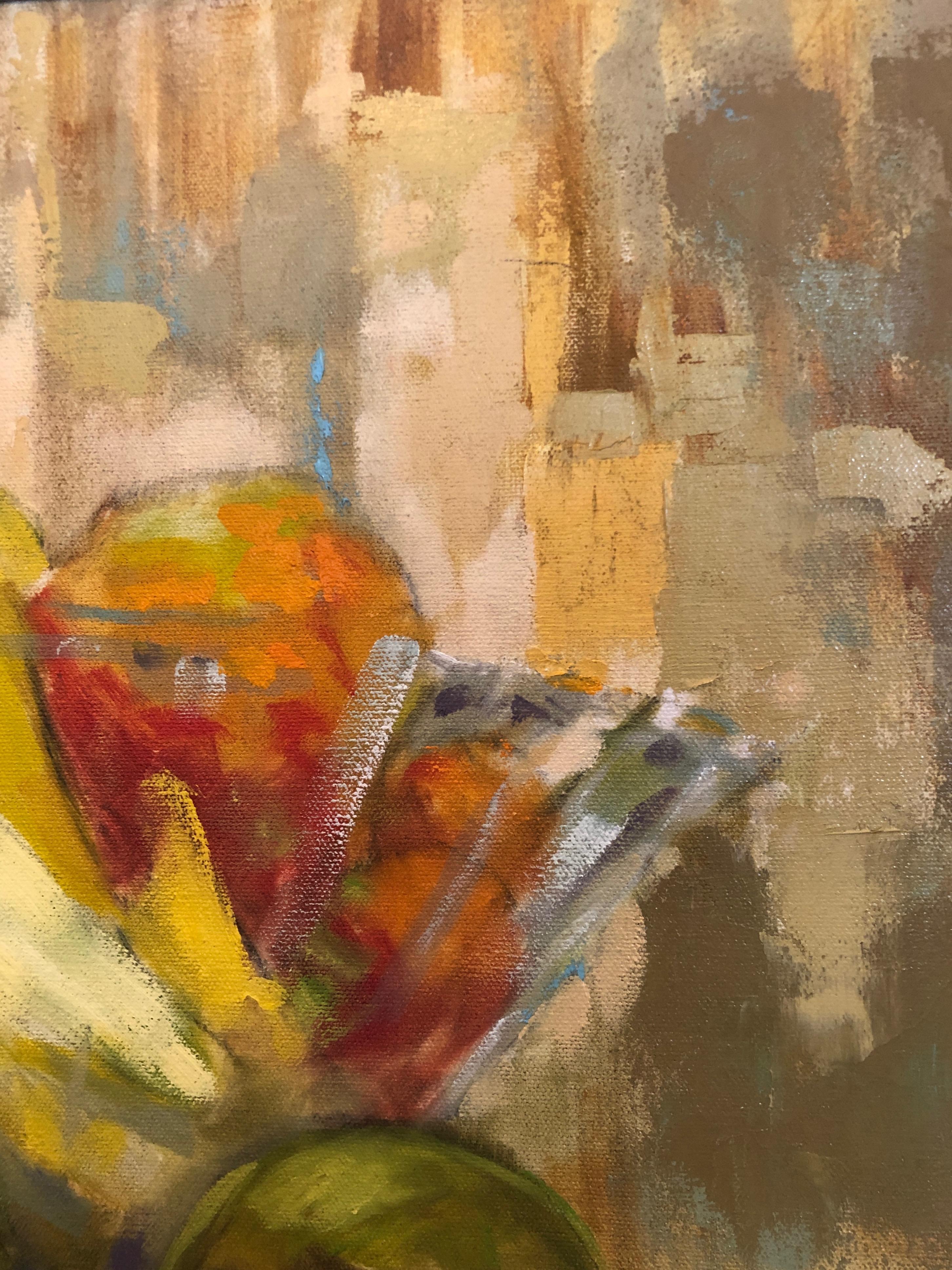 Green, Yellow, Blue, Orange and Red Still Life Oil Painting, Entitled 