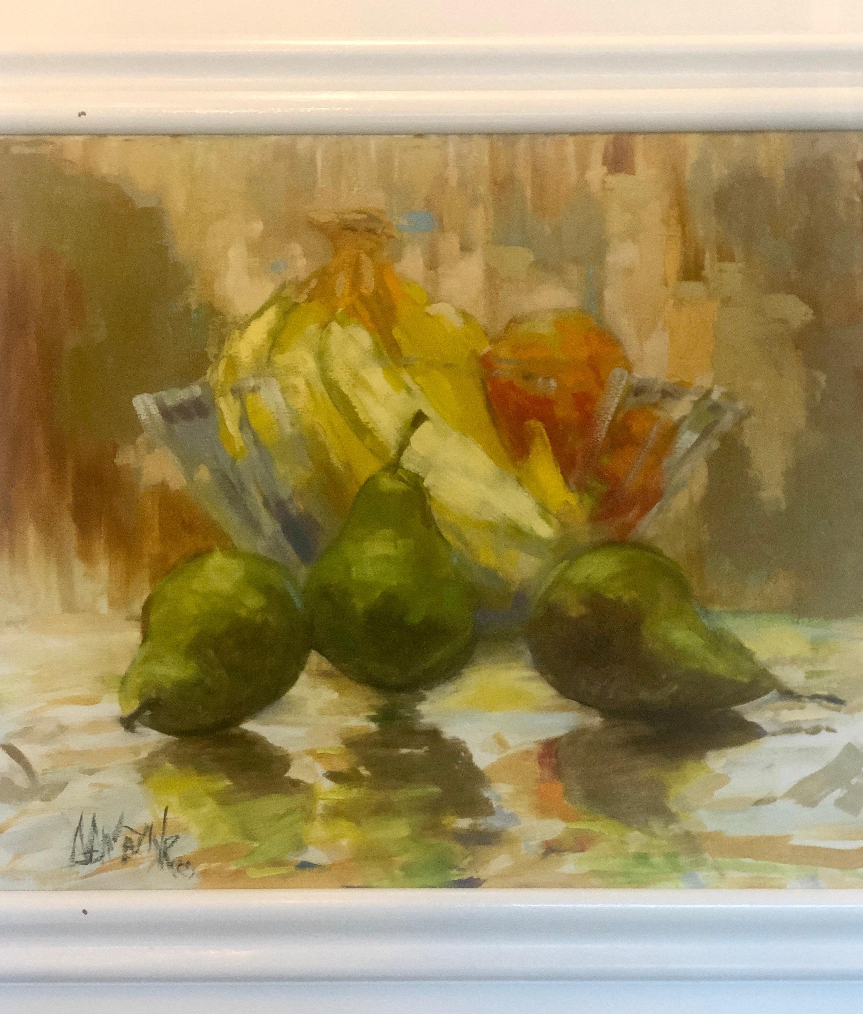 Offered is a signed Mid-Century Modern still life oil painting of a bowl of fruit in beautiful rich hues of yellow, greens, orange, red and a hint of blue. The piece, although entitled 
