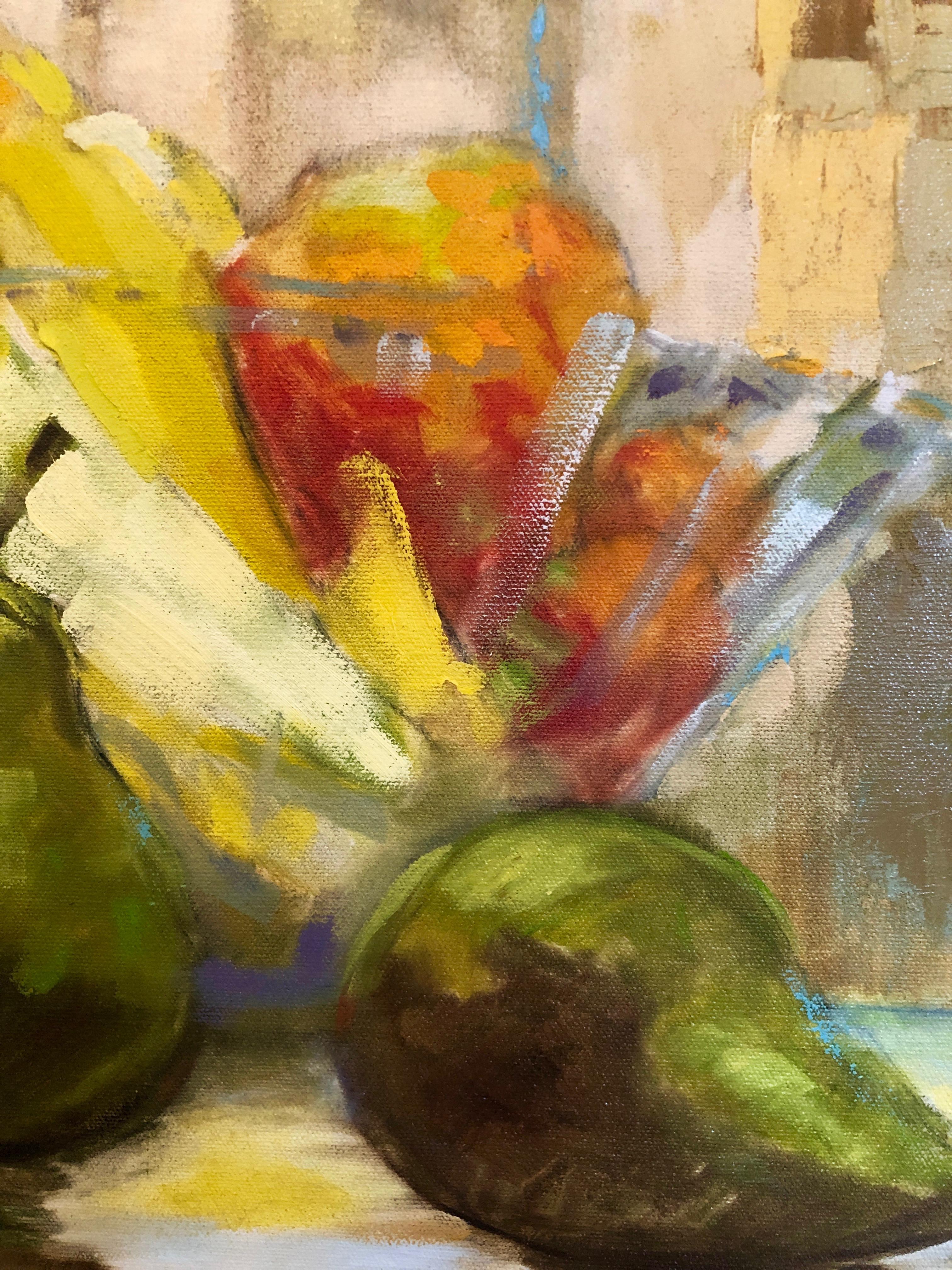 Green, Yellow, Blue, Orange and Red Still Life Oil Painting, Entitled 