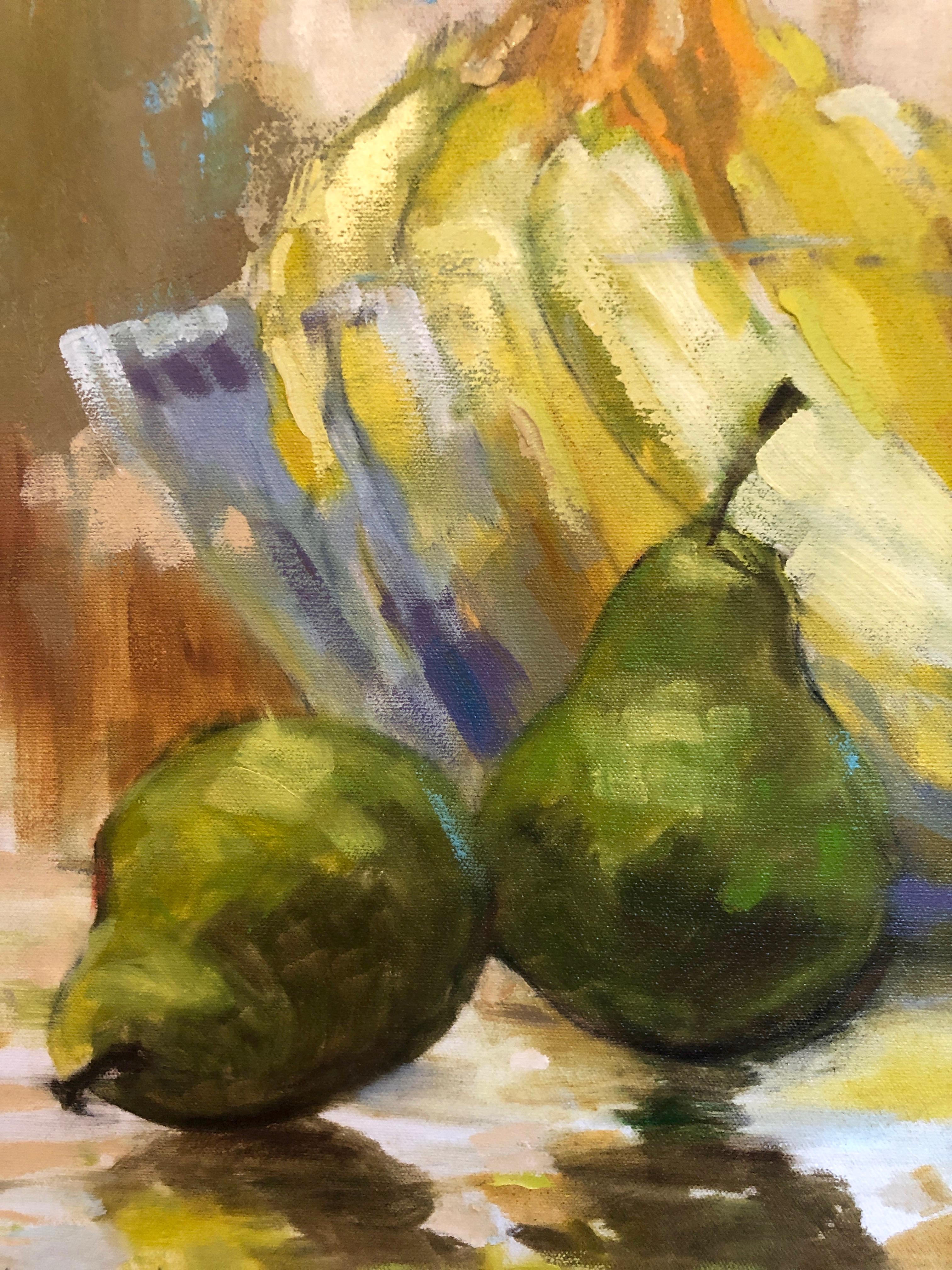 Lacquered Green, Yellow, Blue, Orange and Red Still Life Oil Painting, Entitled 